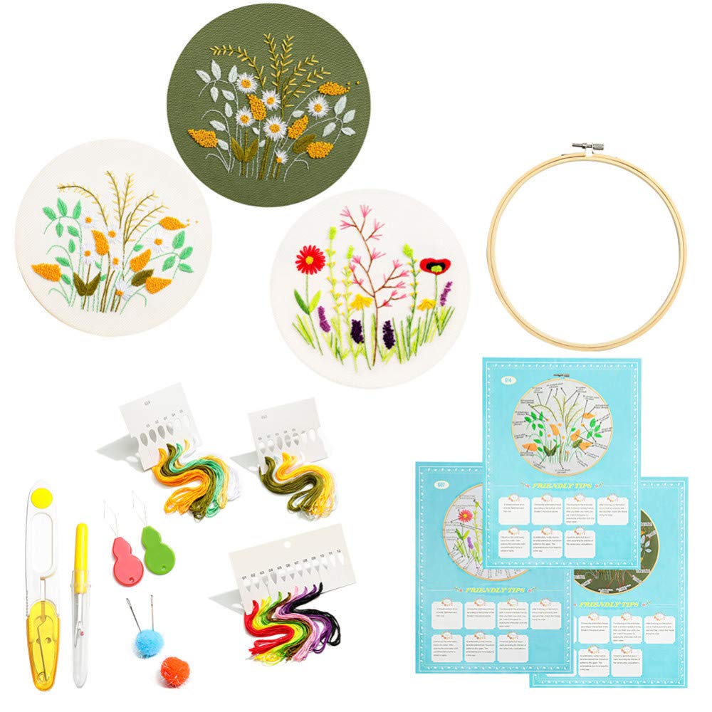 Beginner Embroidery Kit - Cross Stitch Starter Set with Pattern, Stamped Fabric, Hoops, Threads & Needles | DIY Flower Design for Home Decor & Craft Gifts