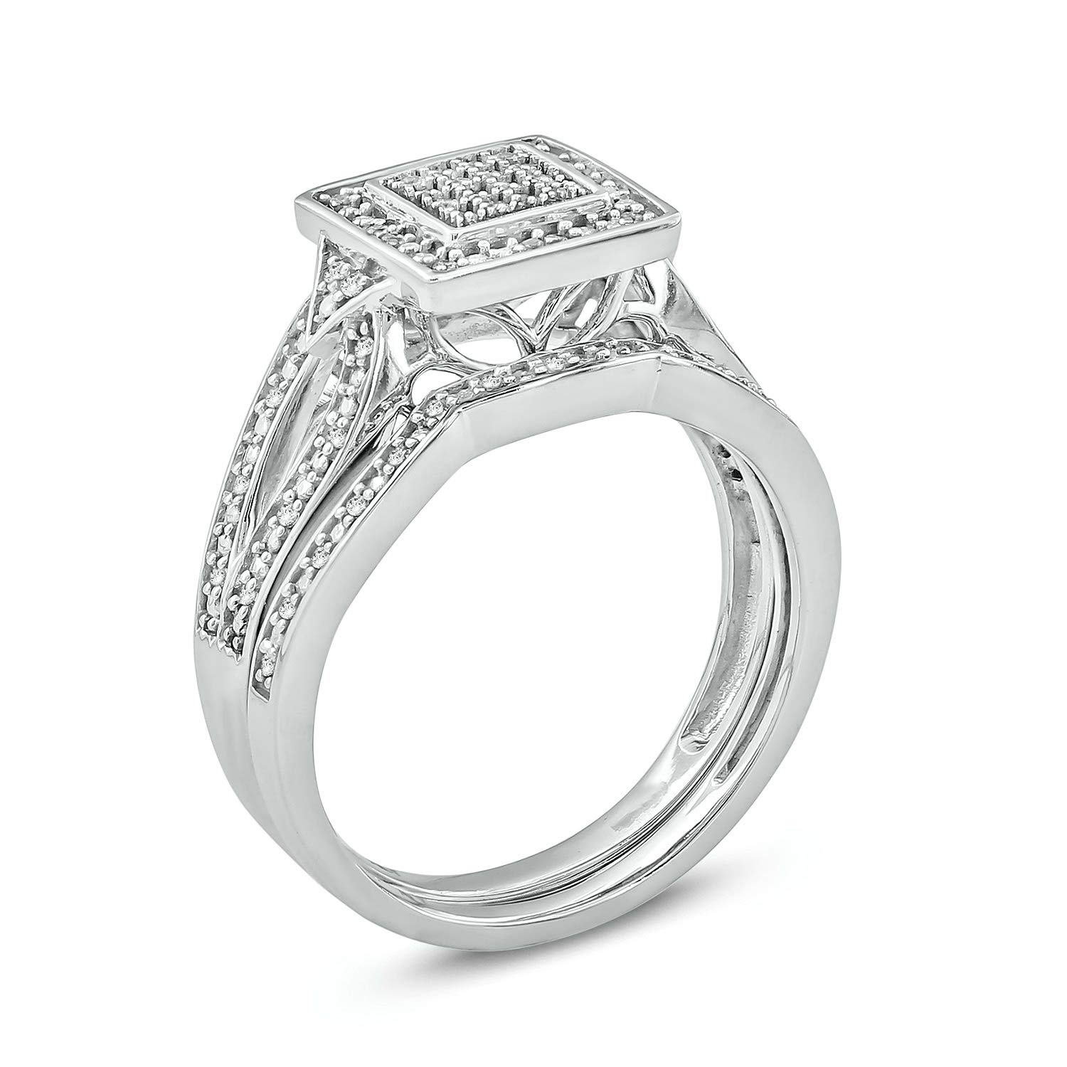 1/5 Carat Diamond Square Cluster & Halo Engagement Ring Set with Matching Wedding Band for Women - 925 Sterling Silver Bridal Jewelry Set - Perfect for Proposals, Anniversaries & Special Occasions