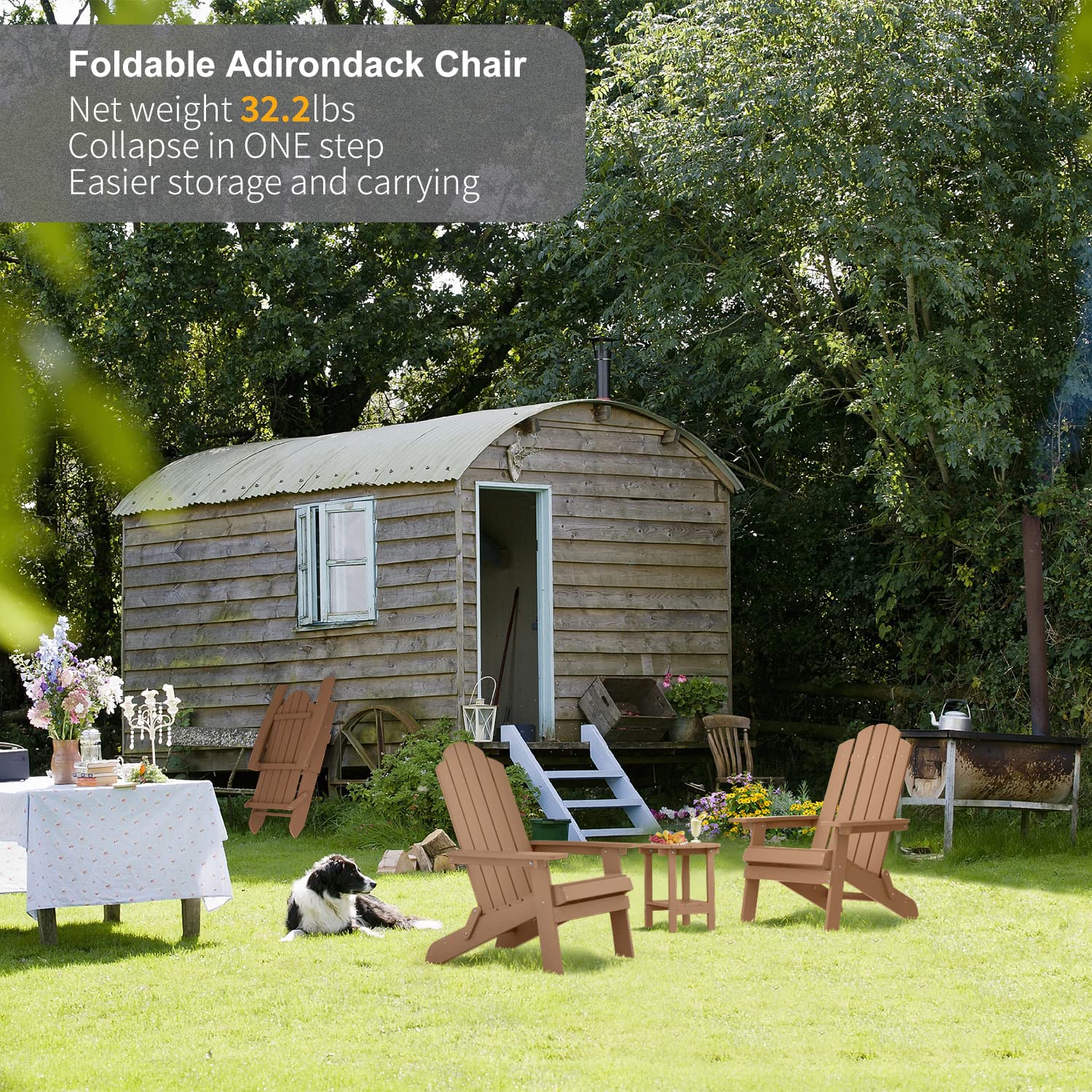 MXIMU Folding Adirondack Chair - Teak Plastic Outdoor Chair for Lawn, Backyard, Deck, Garden & Camping | Fire Pit Seating & Patio Relaxation