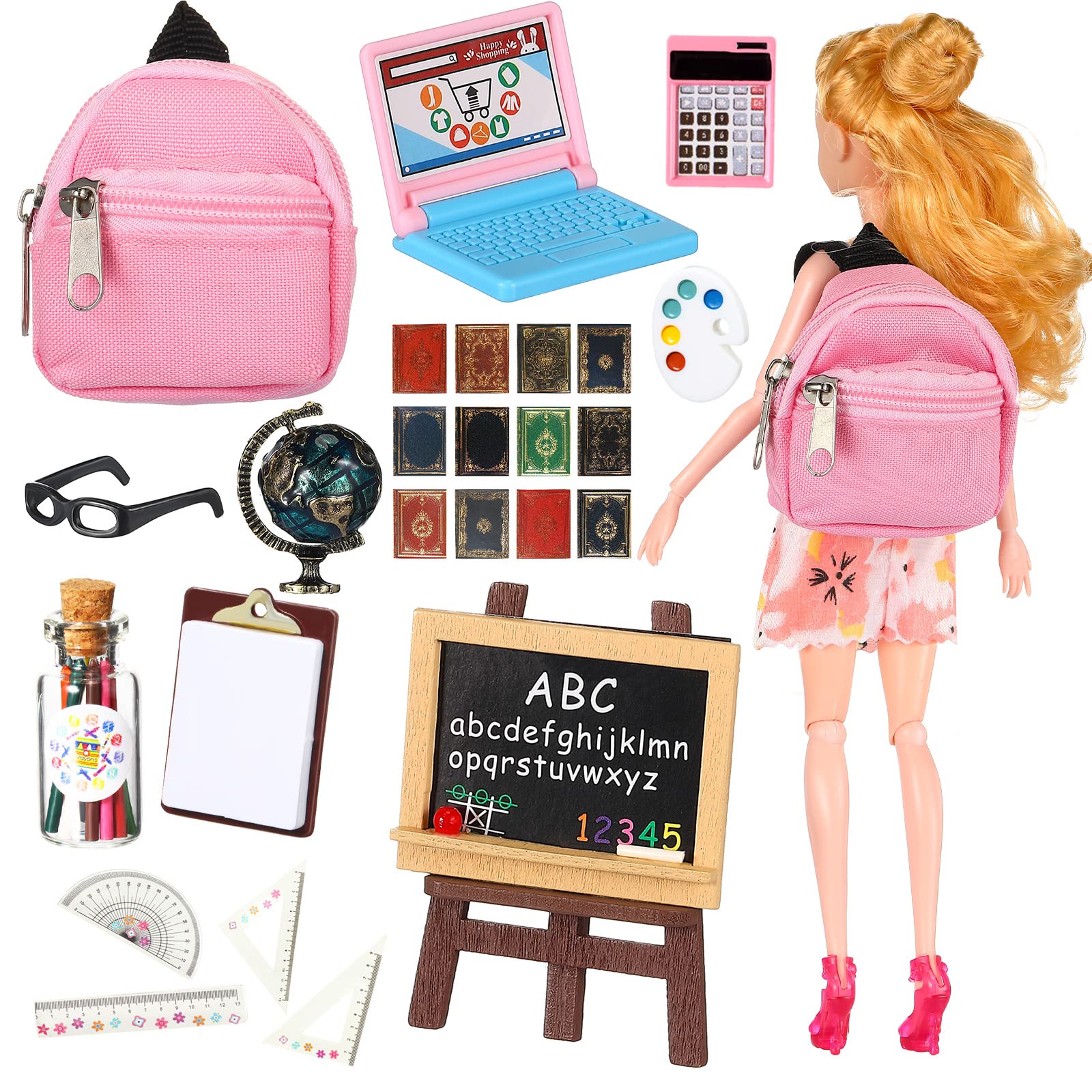 HyDren 23-Piece Mini Doll School Supplies Set - Includes Backpack, Blackboard, Glasses, Books & More - Perfect for Doll Play, Classroom Pretend Play & DIY Dollhouse Accessories