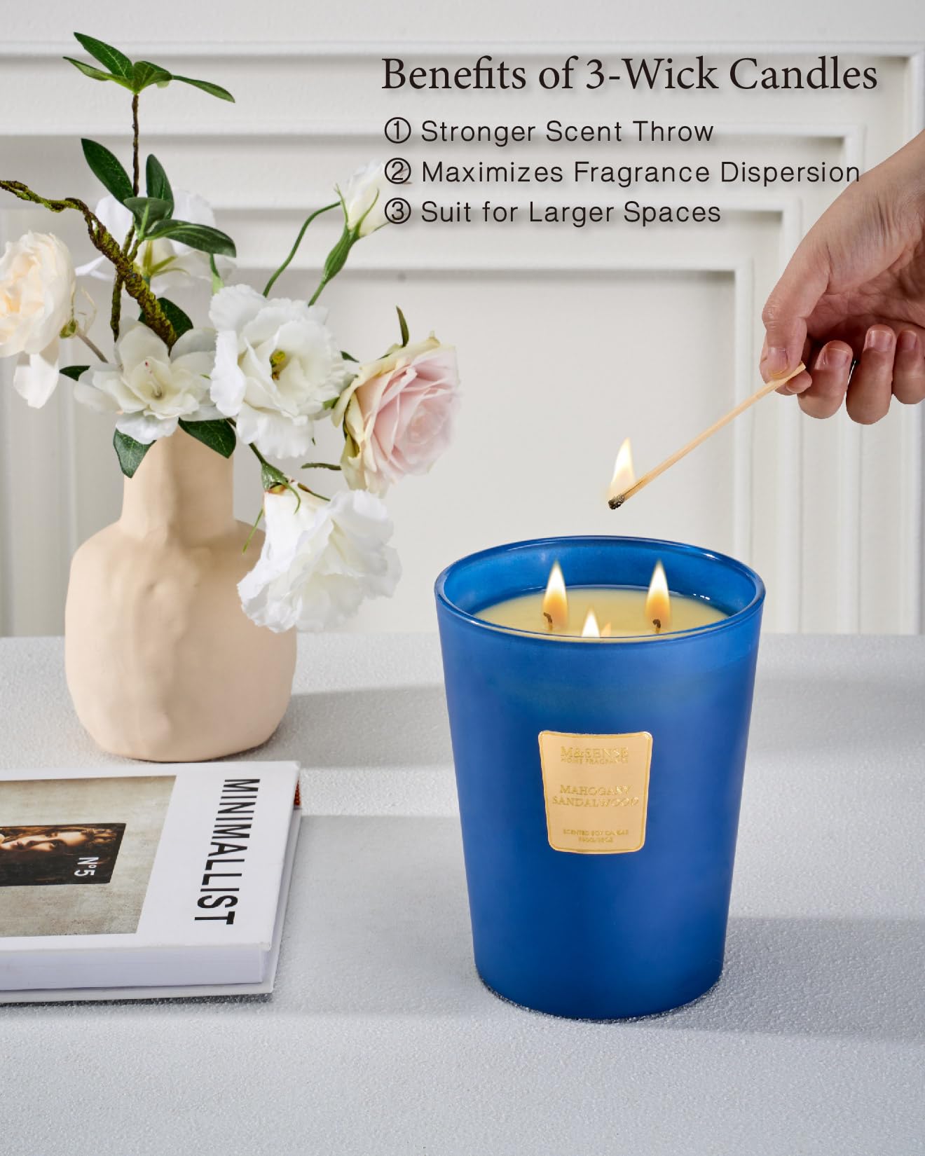**M&SENSE Mahogany Sandalwood Scented Candles – 35oz Extra Large 3-Wick Natural Soy Candle, 150 Hours Long-Lasting & Clean Burning, Glass Jar Home Fragrance – Perfect for Relaxation, Gifts for Women & Men**    *(Use Scenes: Ideal for living rooms, bedrooms, yoga spaces, and romantic dinners – creates a warm, soothing ambiance.)*