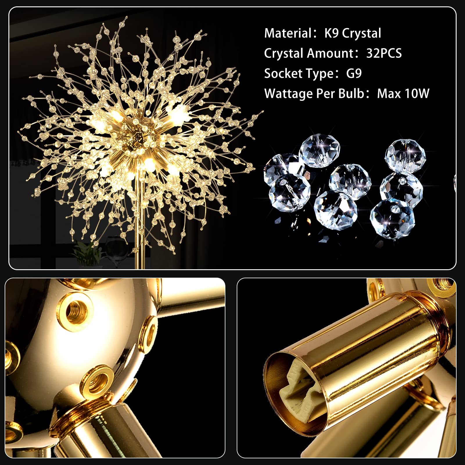 69 Inch Crystal Floor Lamp - Modern LED Standing Lamp with K9 Crystal, Gold Finish Metal Tall Pole Lamp with Foot Switch for Living Room, Bedroom, Office | Elegant Lighting for Home Decor, Reading Nook & Cozy Spaces