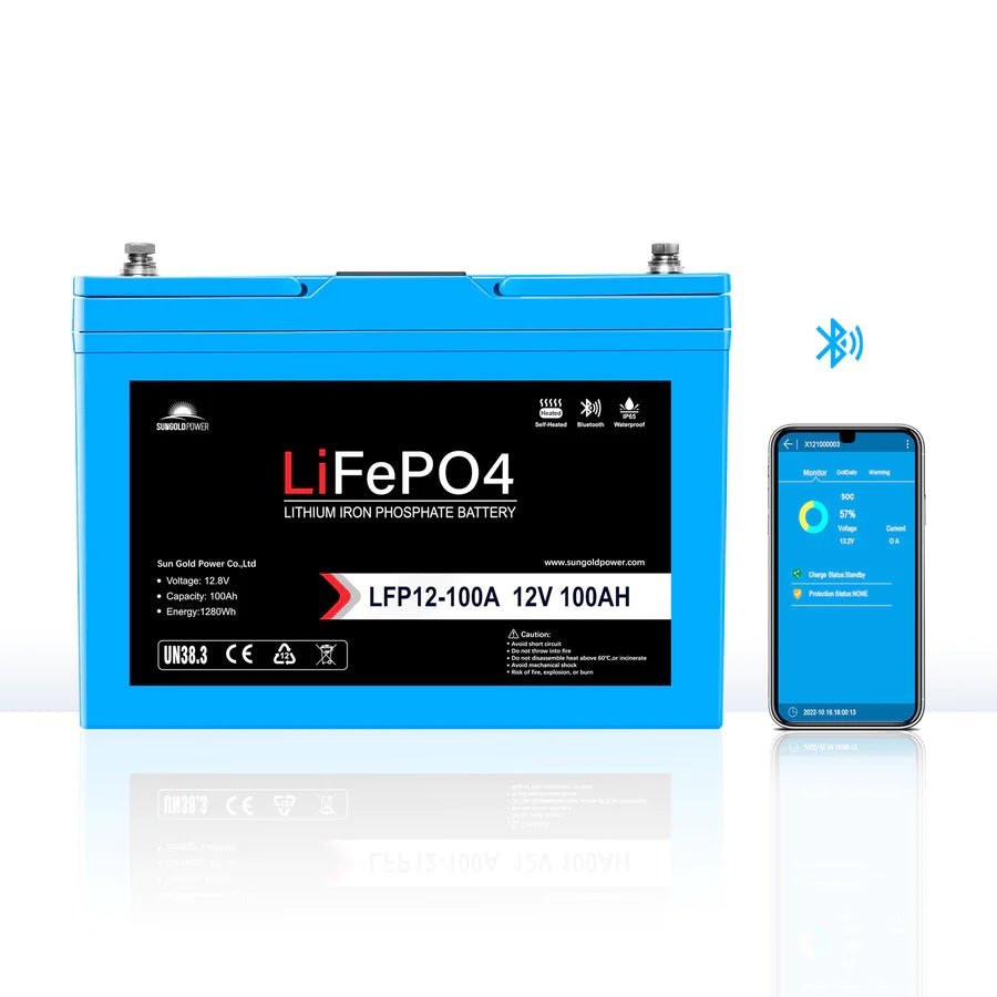 SunGoldPower 12V 100Ah LiFePo4 Deep Cycle Lithium Battery with Bluetooth, Self Heating & IP65 - Perfect for RVs, Solar Systems, Marine & Off-Grid Power Storage