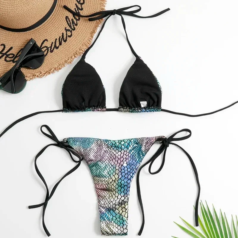 Shiny Fish Scale Halter Triangle Bikini Set - Women's Micro Thong Swimwear, Sexy Swimsuits for Beach & Pool Party | Biquinis Mujer for Summer Vacation & Tropical Getaways