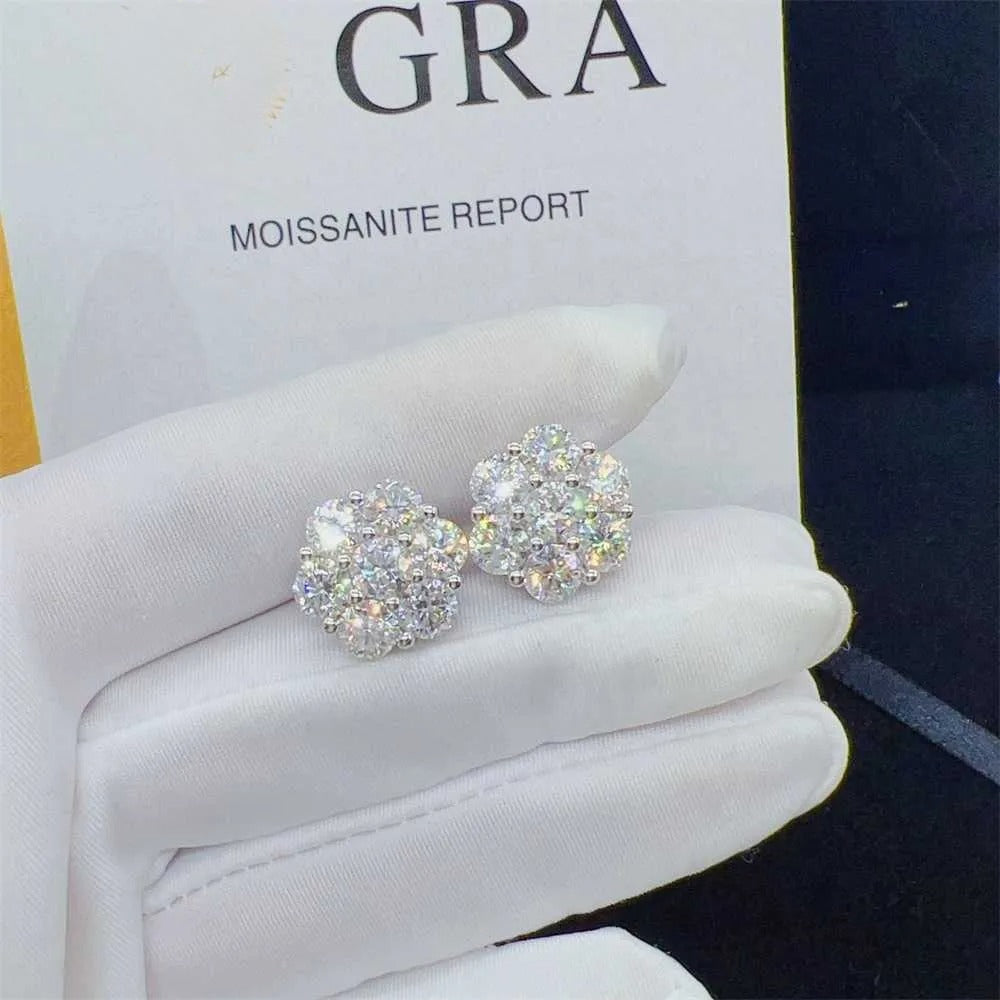 8mm Moissanite Flower Earrings - VVS Iced Out Cubic Zirconia Studs for Women - Perfect for Parties, Weddings & Everyday Elegance