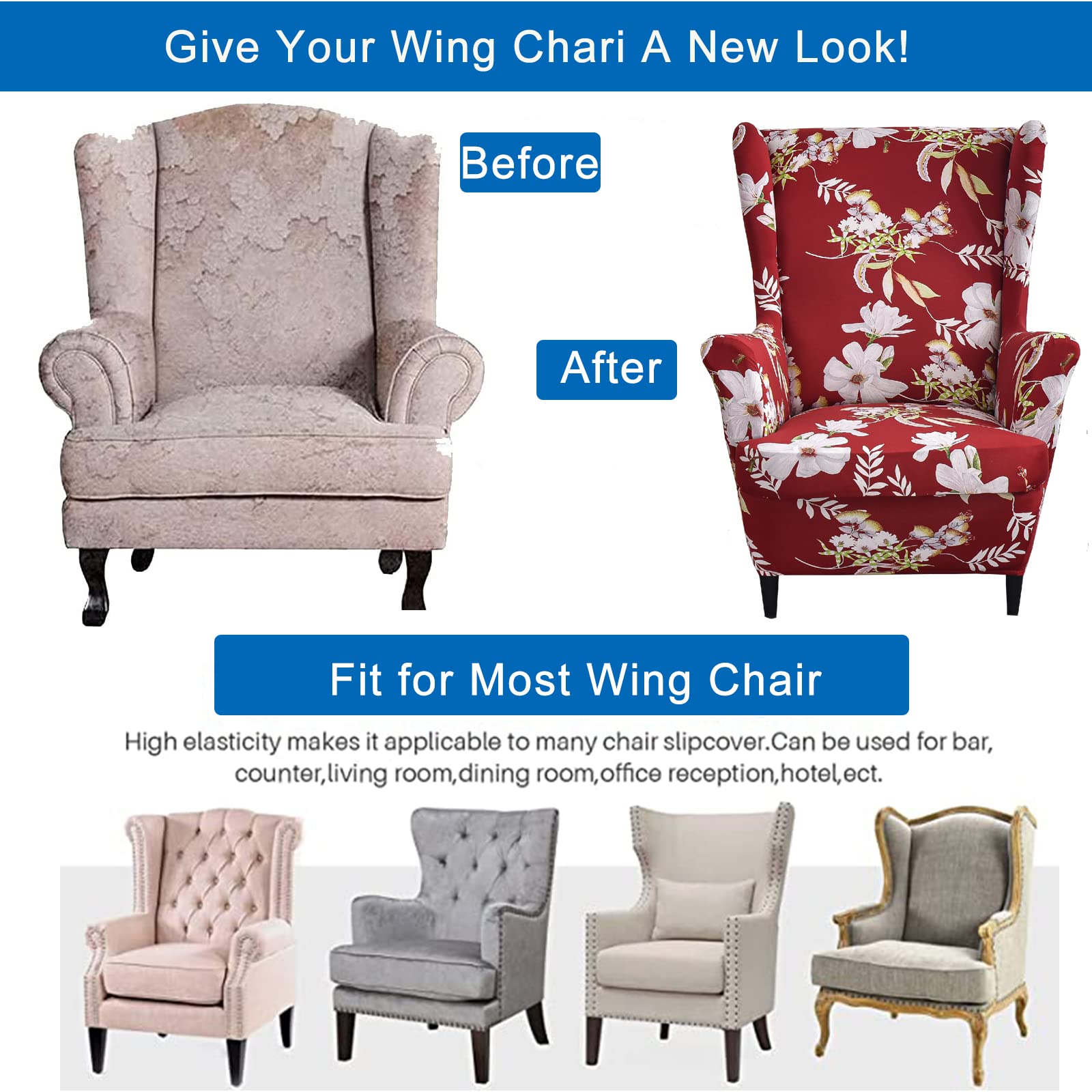 CRFATOP 2-Piece Stretch Wingback Chair Slipcovers - Printed Spandex Fabric Armchair Covers with Elastic Bottom for Living Room & Bedroom - Fits Most Wingback Chairs (34) - Perfect for Home Decor, Furniture Protection, and Style Upgrade