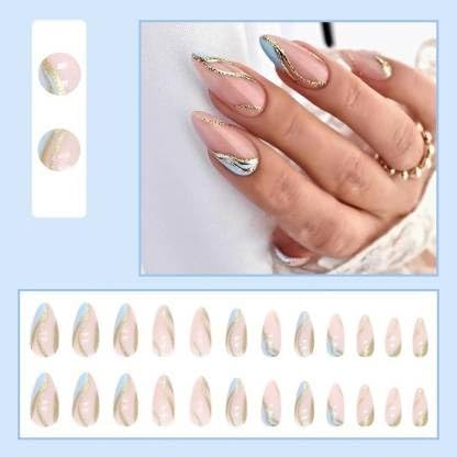 24pcs Pink & Blue Artificial Nails - Reusable Press on Nails with Gold Accents for Women | Perfect for Parties, Weddings, Date Nights & Special Occasions