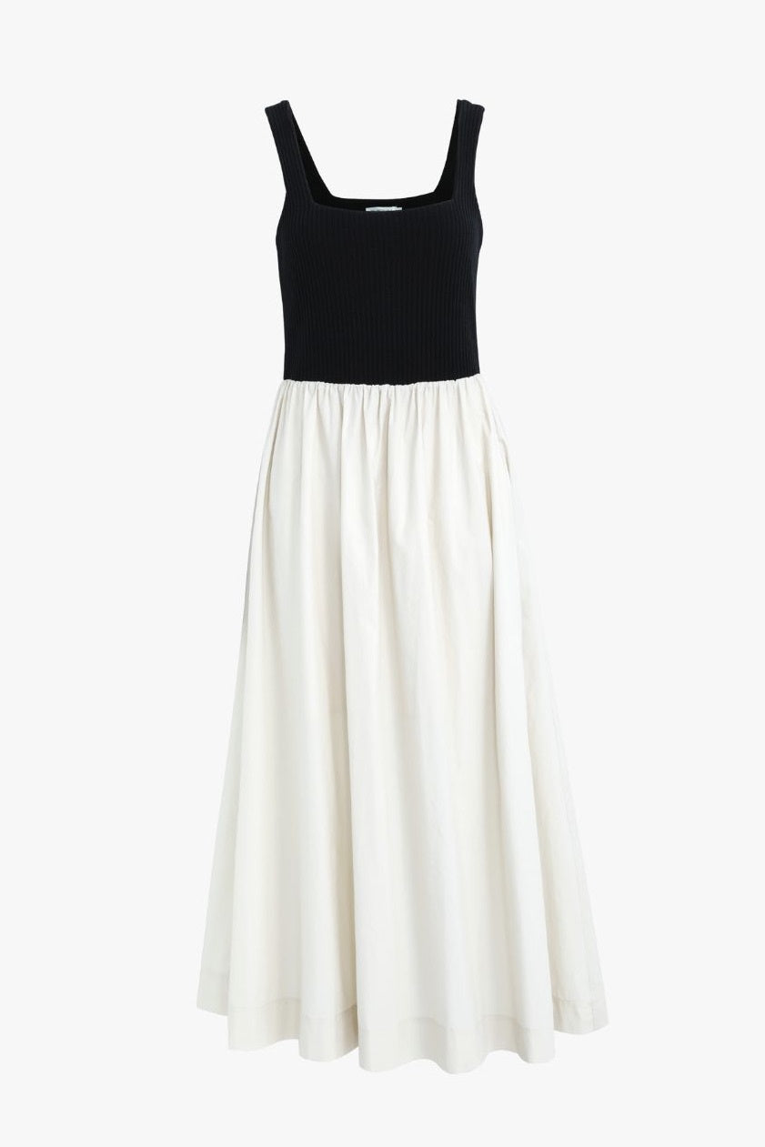 Obsidian Black & Ecru Square Neck Contrast Midi Dress - Elegant Women's Summer Casual Dress for Parties, Dates & Office Wear