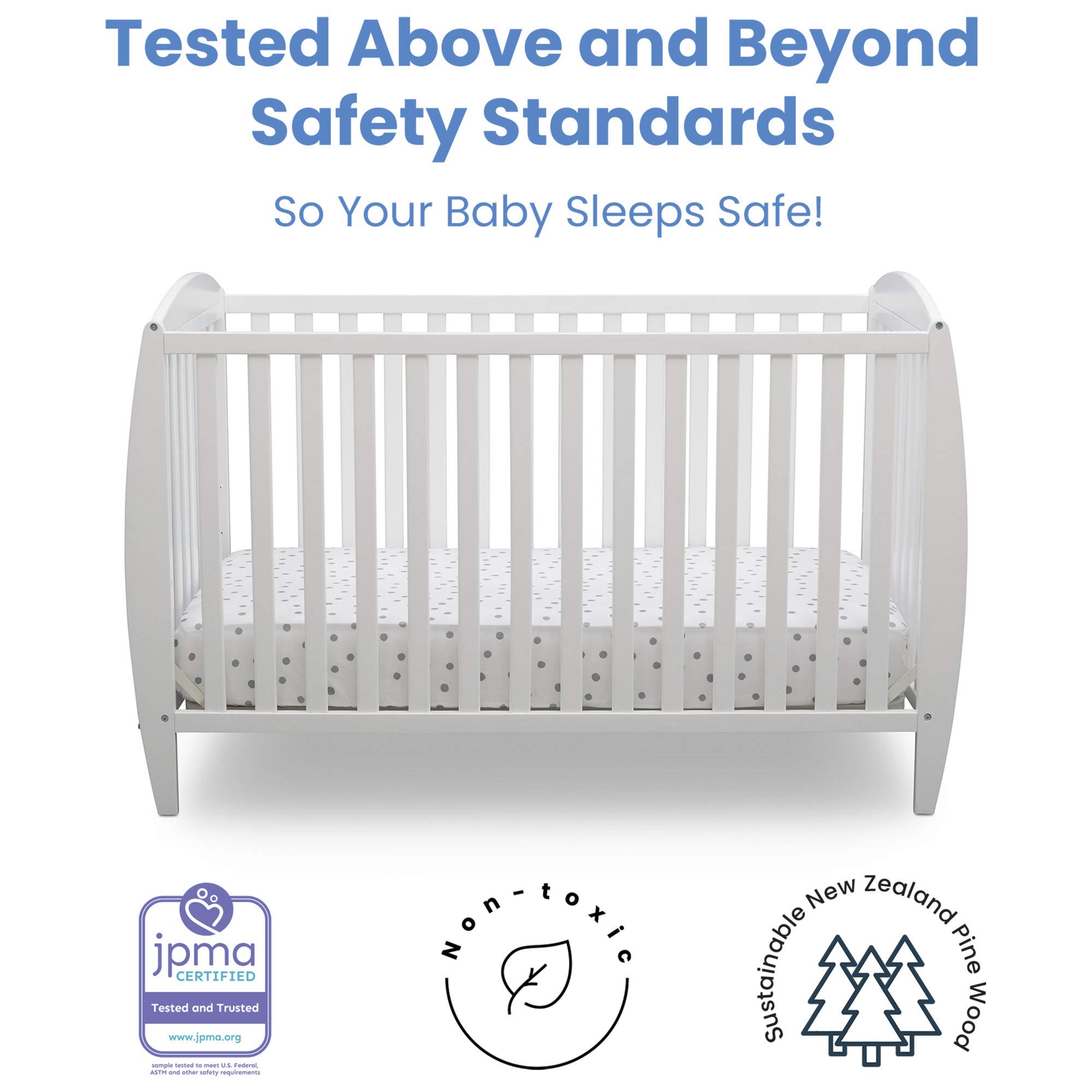 Delta Children Twinkle 4-in-1 Convertible Baby Crib with Sustainable New Zealand Pine Wood & Galaxy Dual-Sided Crib Mattress Bundle - White Nursery Furniture Set for Newborns to Toddlers | Eco-Friendly Baby Bedroom Essentials for Safe Sleep & Playtime