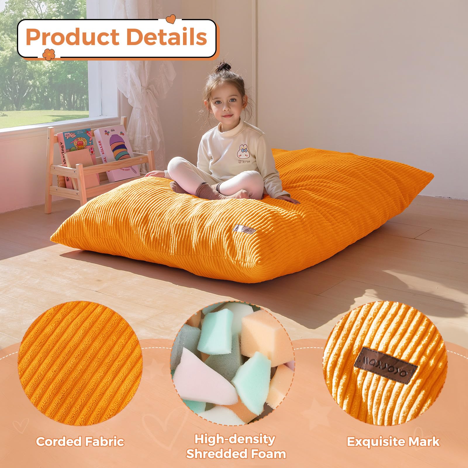 MAXYOYO 3-in-1 Convertible Kids Bean Bag Chair & Bed - Multi-Functional Floor Sofa for Children's Room, Gaming & Reading - Soft & Comfortable Orange Lounge Furniture for Playroom, Dorm or Nursery