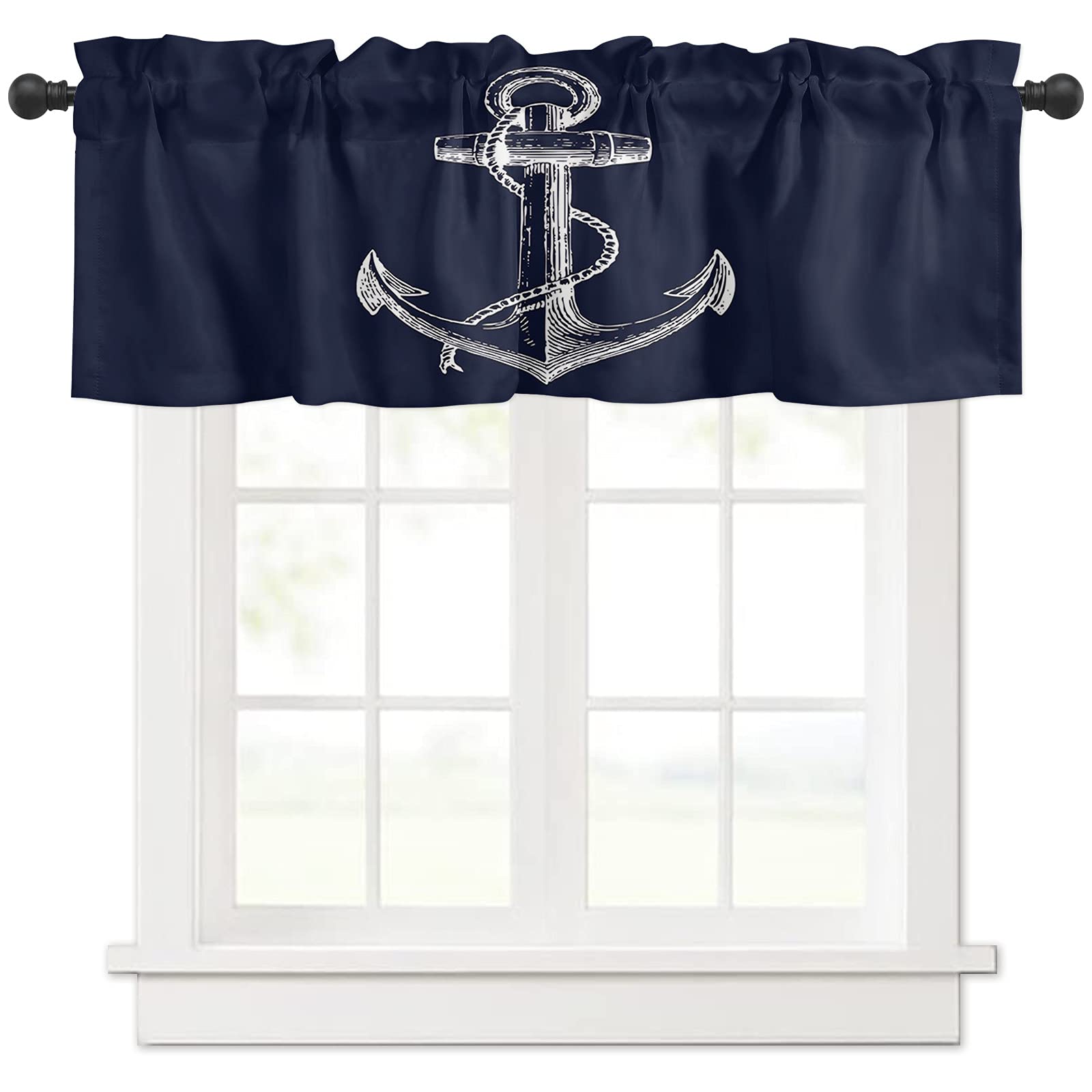 Nautical Anchor Window Valance Curtain - Soft & Washable Rod Pocket Drapery for Living Room, Kitchen, Bathroom - Navy Blue 54x18 Inch - Perfect for Small Windows & Coastal Home Decor