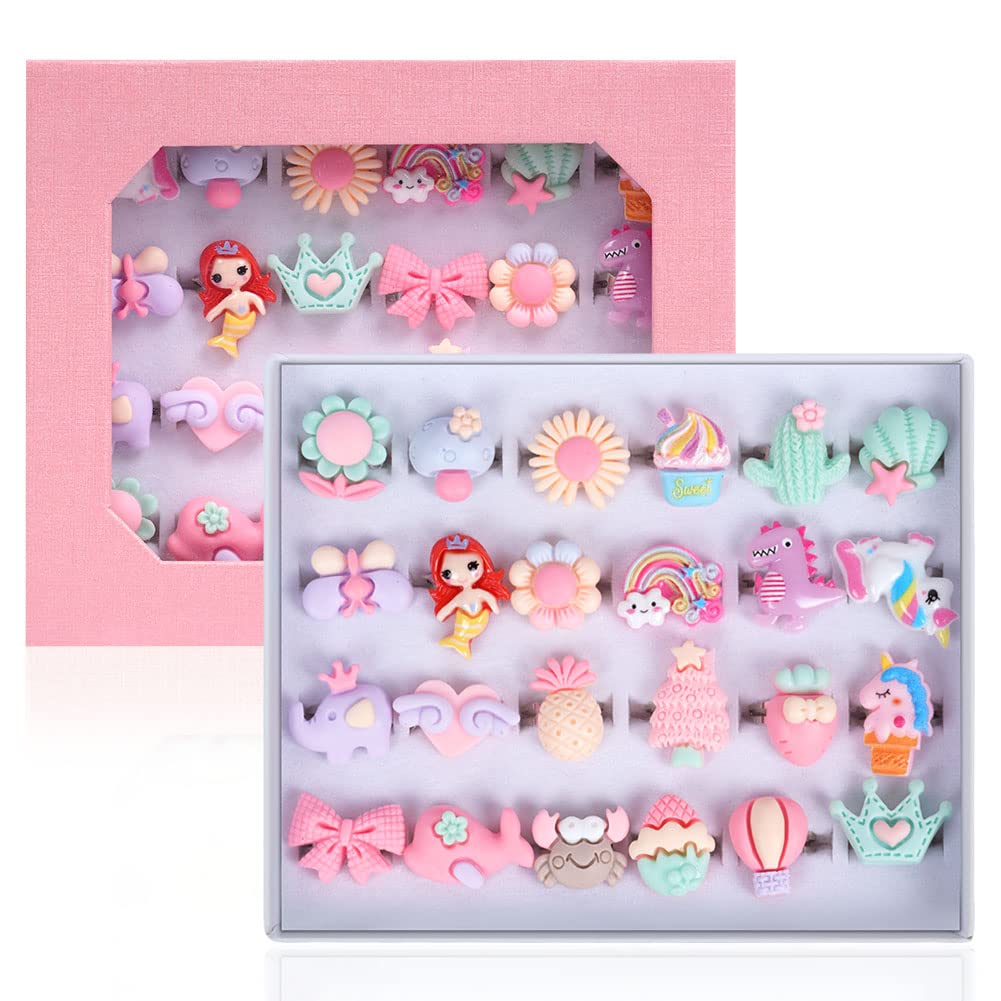 24 PCS Adjustable Pretend Play Rings for Girls 3-12 Years Old - No Duplicates, Perfect for Dress Up, Role Play & Birthday Gifts - Ideal for Parties, Holidays & Imaginative Play
