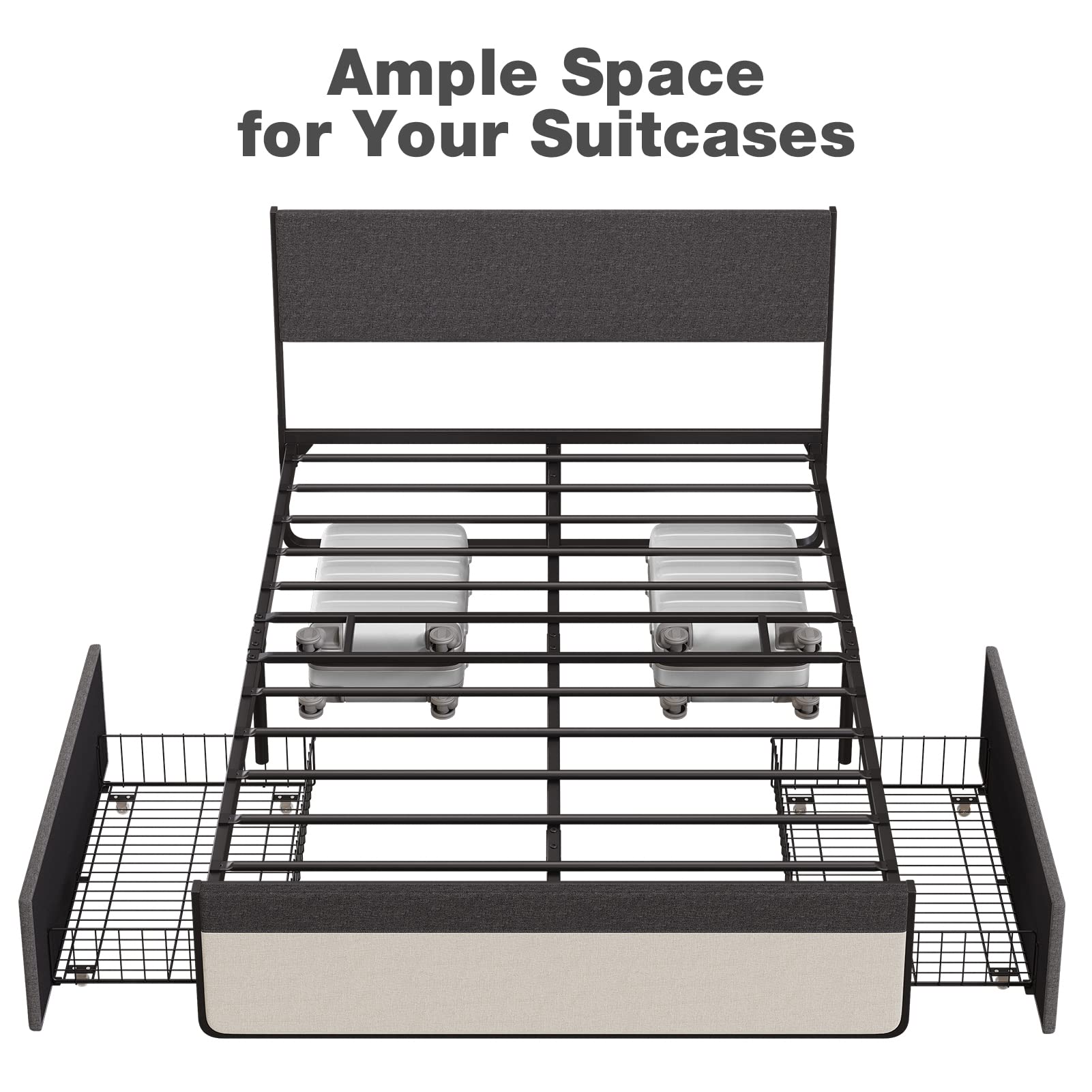 IDEALHOUSE Queen Size Bed Frame with 2 Storage Drawers - Upholstered Platform Bed with Headboard & Steel Slat Support, No Box Spring Needed - Perfect for Small Bedrooms & Guest Rooms