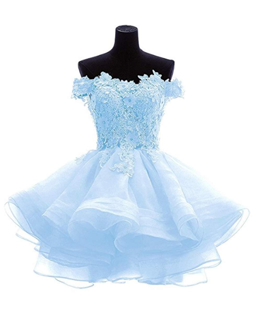 Angela Women's Off The Shoulder Organza Short Prom Homecoming Dresses Sky Blue - Elegant Party Dress for Prom, Homecoming, Cocktail Parties & Special Occasions