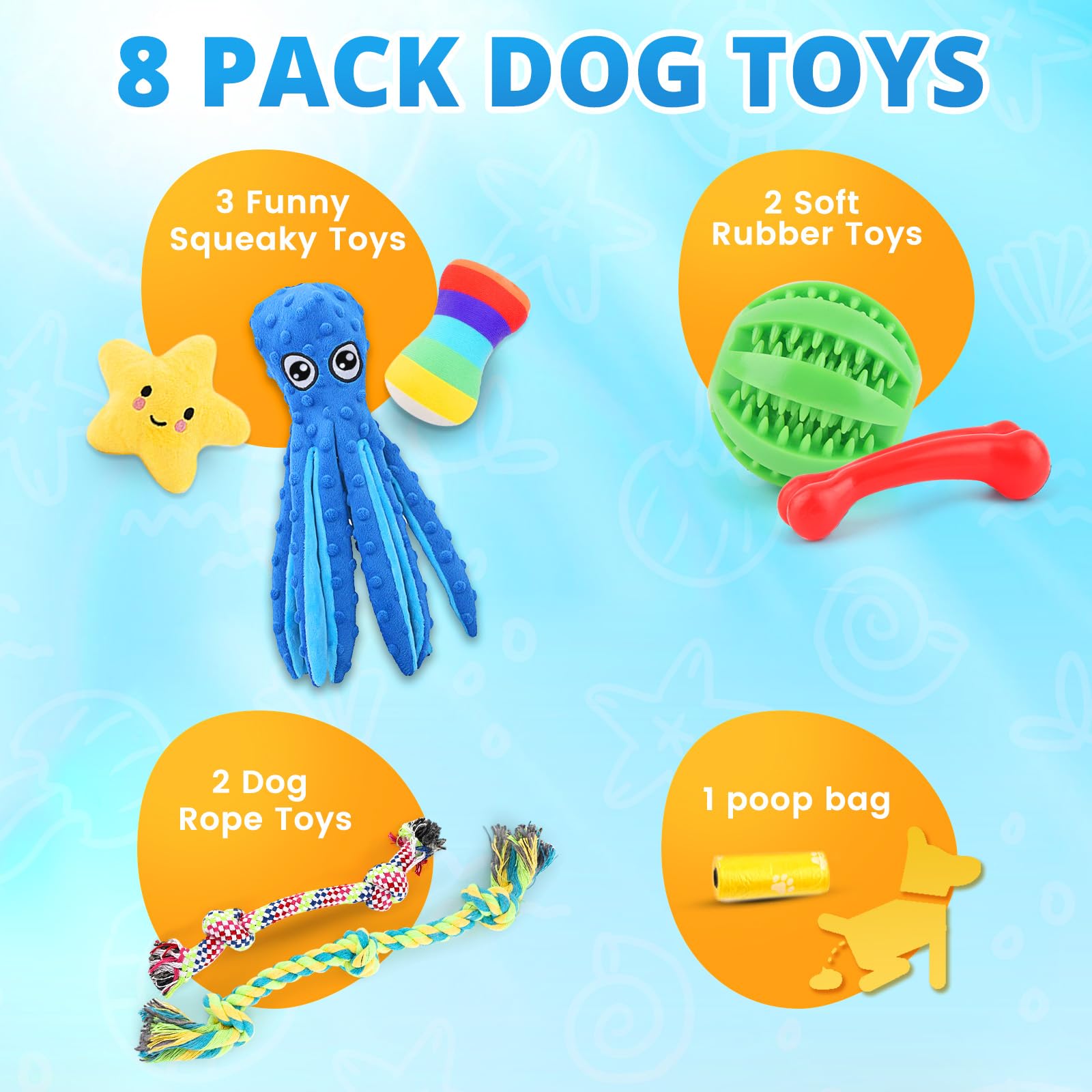Luxury Puppy Chew Toys 8-Pack - Squeaky Plush, Rope & Ball for Teething Small Dogs (Blue) - Perfect for Christmas Gifts & Training