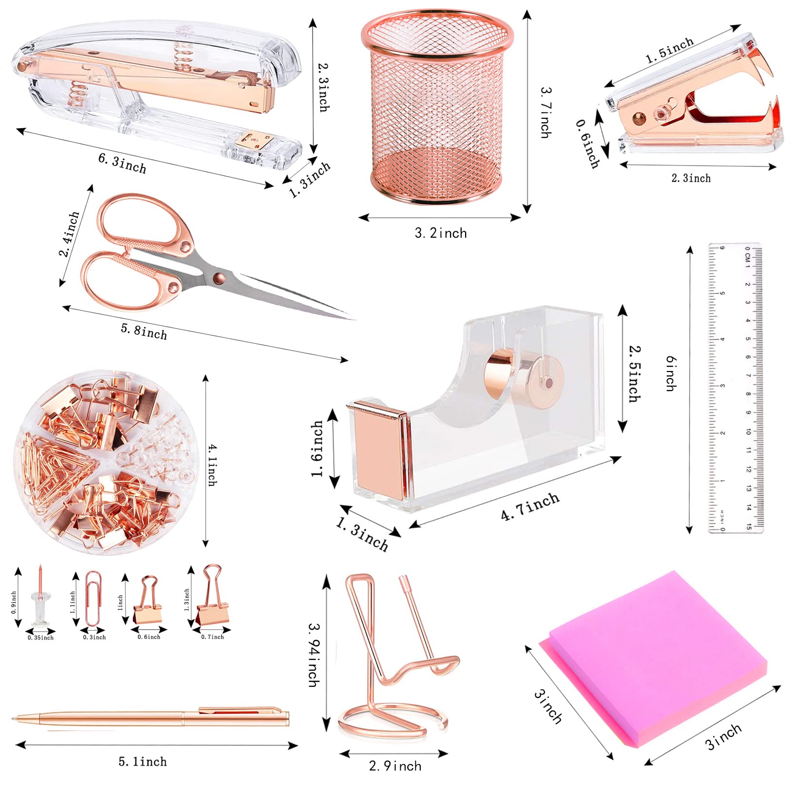Rose Gold Desk Organizer Set - Acrylic Stapler, Staple Remover, Tape Dispenser, Pen Holder, Scissors, Binder Clips, Sticky Notes & More | Stylish Office Supplies for Home & Workspace Organization