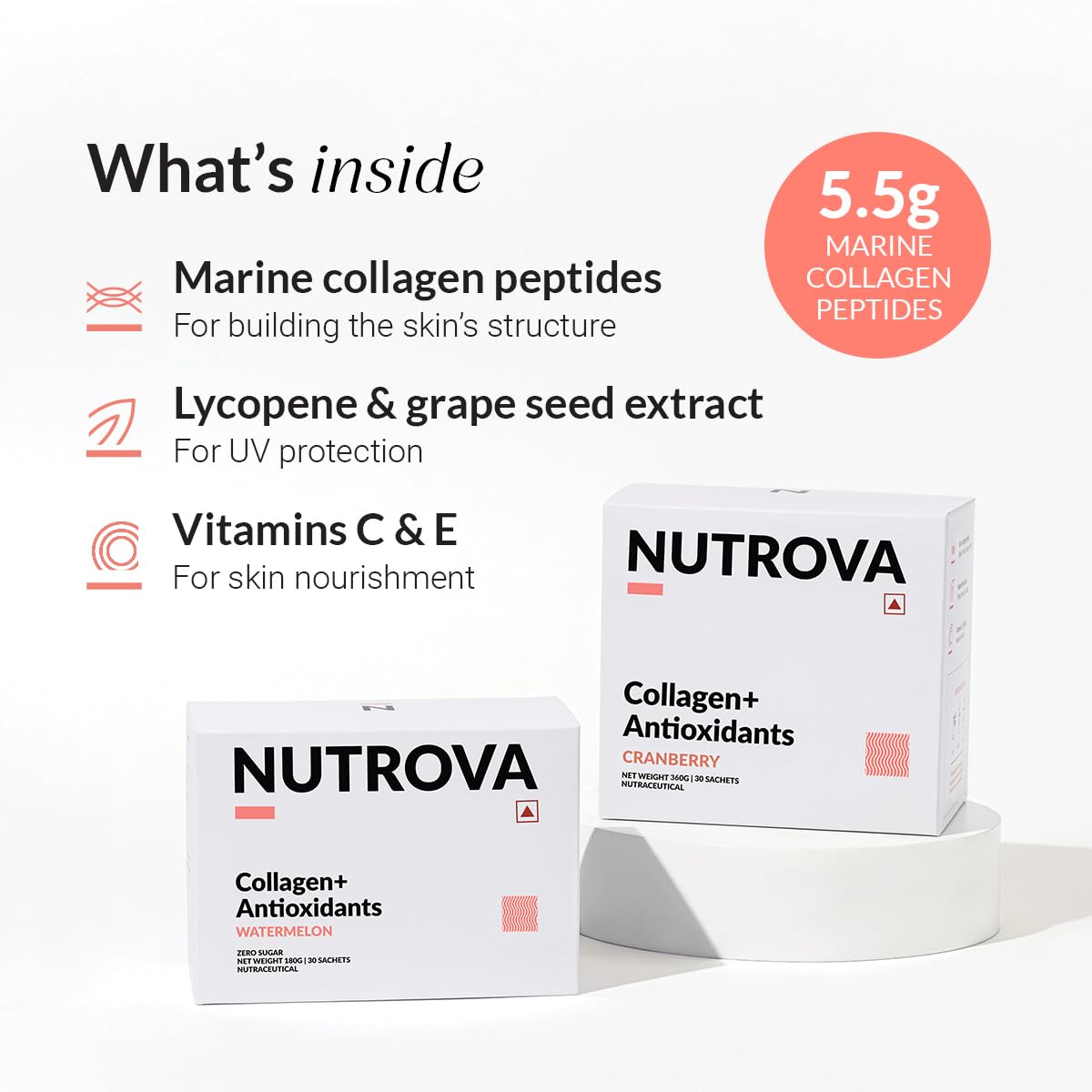 Nutrova Marine Collagen Powder with Antioxidants for Men & Women - Supports Skin Hydration, Reduces Damage, Promotes Healthy Skin, Hair & Nails - Cranberry Flavor, 30 Servings - Perfect for Daily Beauty Routine & Anti-Aging Skincare