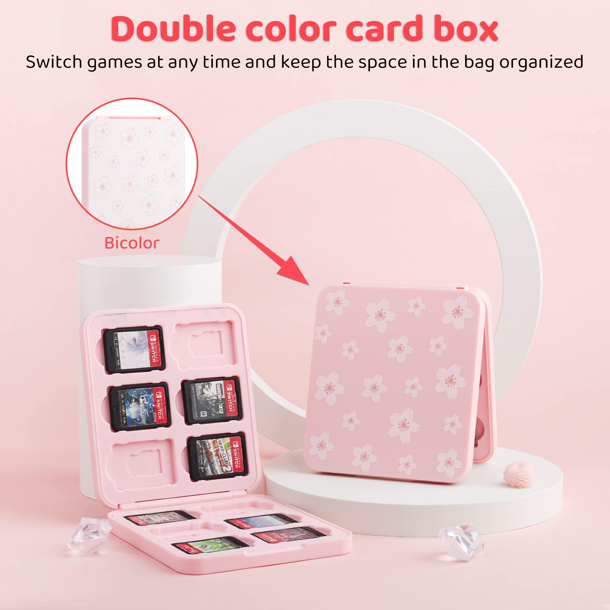 Pink Travel Bag for Nintendo Switch/Lite/OLED - Large Capacity Portable Carrying Case with 12 Game Slots & Thumb Grip Caps - Sakura Design - Perfect for Gaming On The Go, Travel, and Accessories Storage