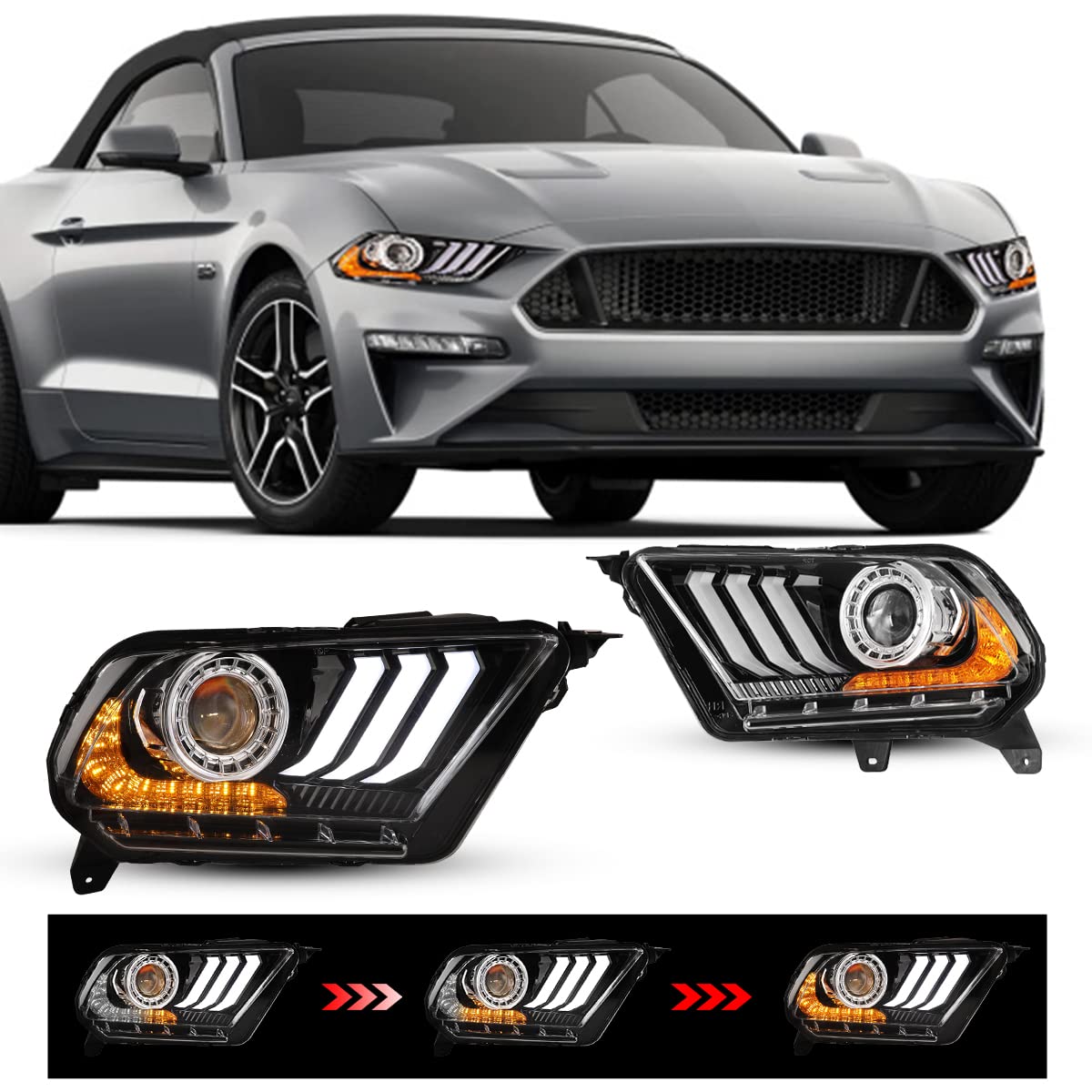 Winjet LED Headlights Assembly for 2010-2012 Ford Mustang & Shelby GT500 - LED DRL, Sequential Turn Signals, Amber Projector, Dual Beam (Driver & Passenger Side) - Upgrade Your Ride for Night Driving & Car Shows