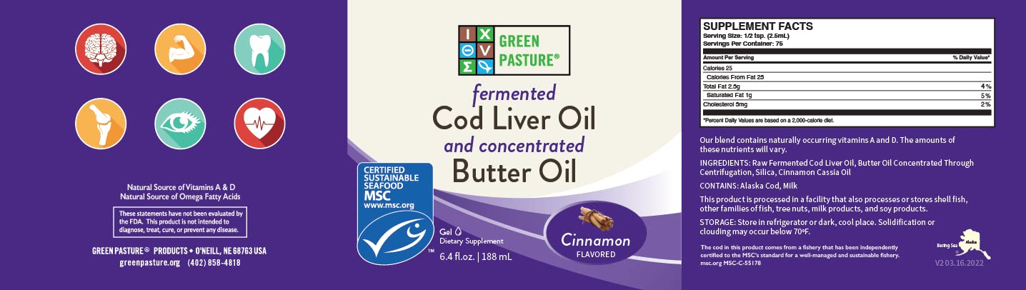 Green Pasture Butter Oil & Fermented Cod Liver Oil Blend Gel - 6.4 oz Cinnamon Flavor | Immune Support & Brain Health Supplement | Perfect for Smoothies, Baking & Daily Wellness