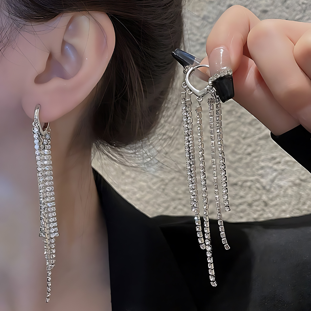 Sparkle Rhinestone Tassel Fringe Hoop Earrings for Women | Elegant Dangle Drop Earrings for Party, Wedding & Evening Out | R5354