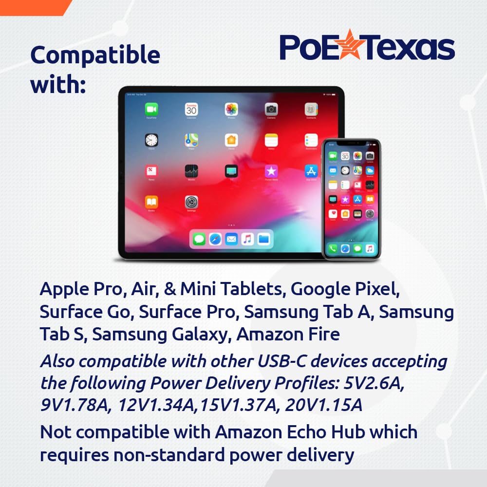 PoE Texas PoE+ to USB-C Power and Data Converter - Compatible with Apple iPad Pro, Air, Mini, Google Pixel, Lenovo M10+, Microsoft Surface Go/Pro - Ideal for POS Systems, Digital Signage, Kiosks & Smart Office Setup