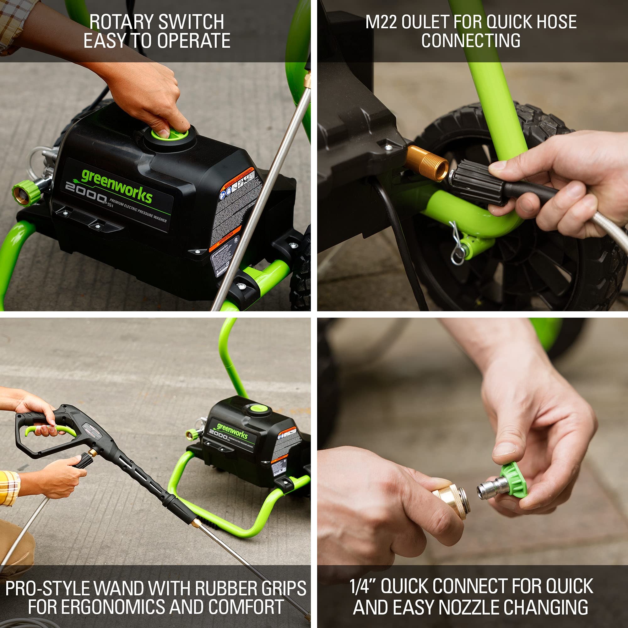 Greenworks 2000 PSI 13 Amp Electric Pressure Washer with Wheels, 20 FT Hose & 35 FT Power Cord - Perfect for Cleaning Cars, Fences, Patios, Driveways, Decks & Outdoor Surfaces