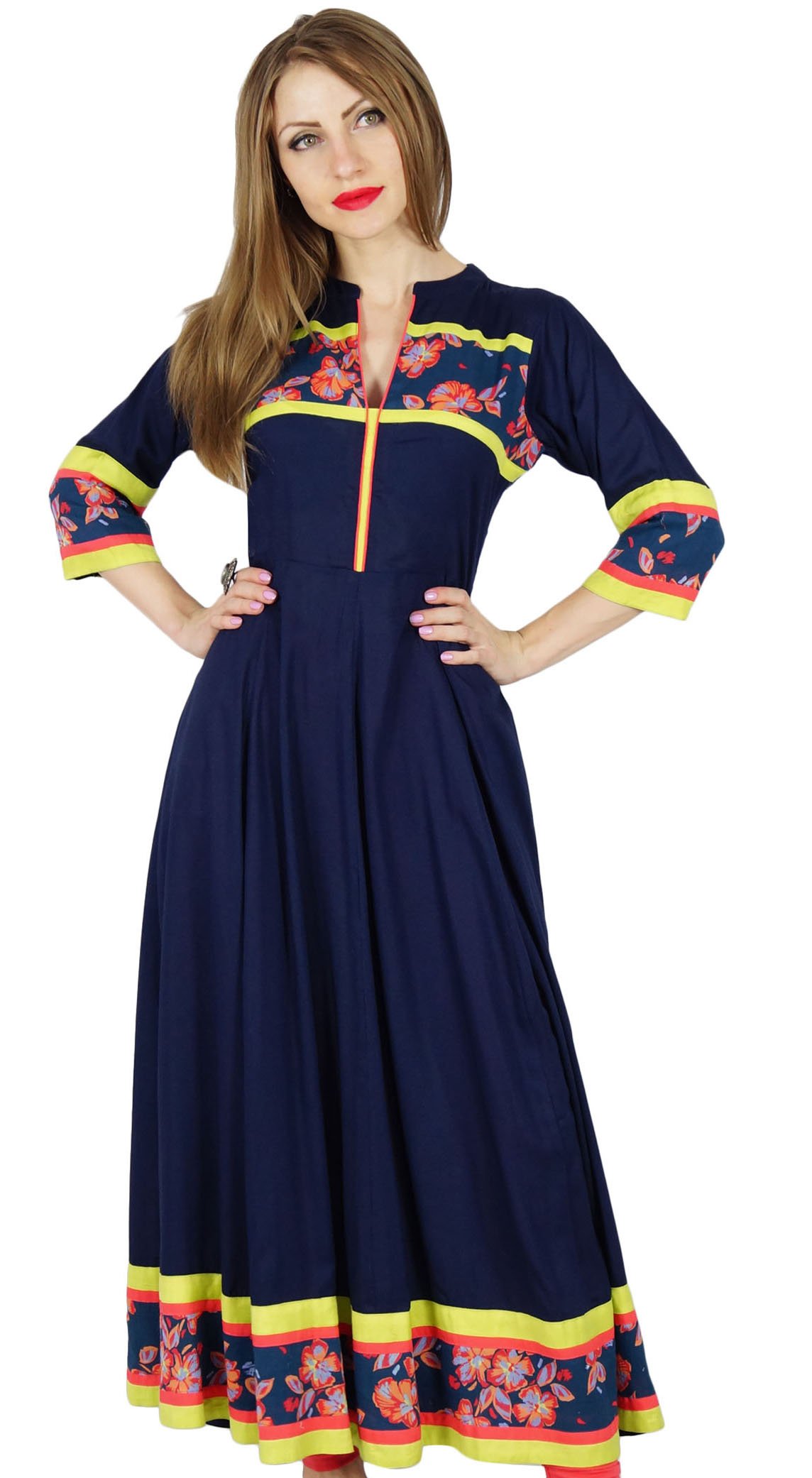 Bimba Women's Blue Cotton Anarkali Kurti - Classic Indian Flared Kurta Top for Festivals & Parties | Elegant Ethnic Blouse for Diwali, Weddings & Special Occasions
