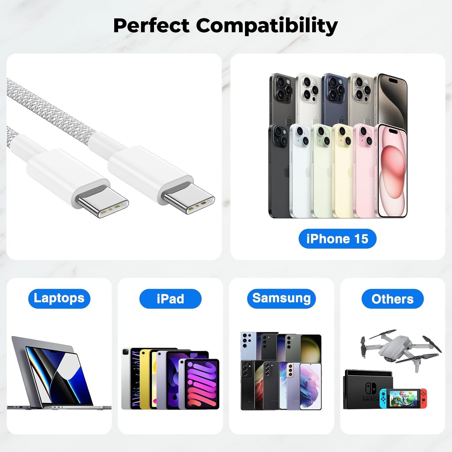 65W GaN Fast Charger with 60W USB-C Cable - Compatible with Nothing Phone 3a/3a Pro/2a Plus/CMF 1/2a/2/1 - Multi-Port USB-C Power Adapter for Super Fast Charging (White) | Perfect for Home, Office & Travel Charging Needs