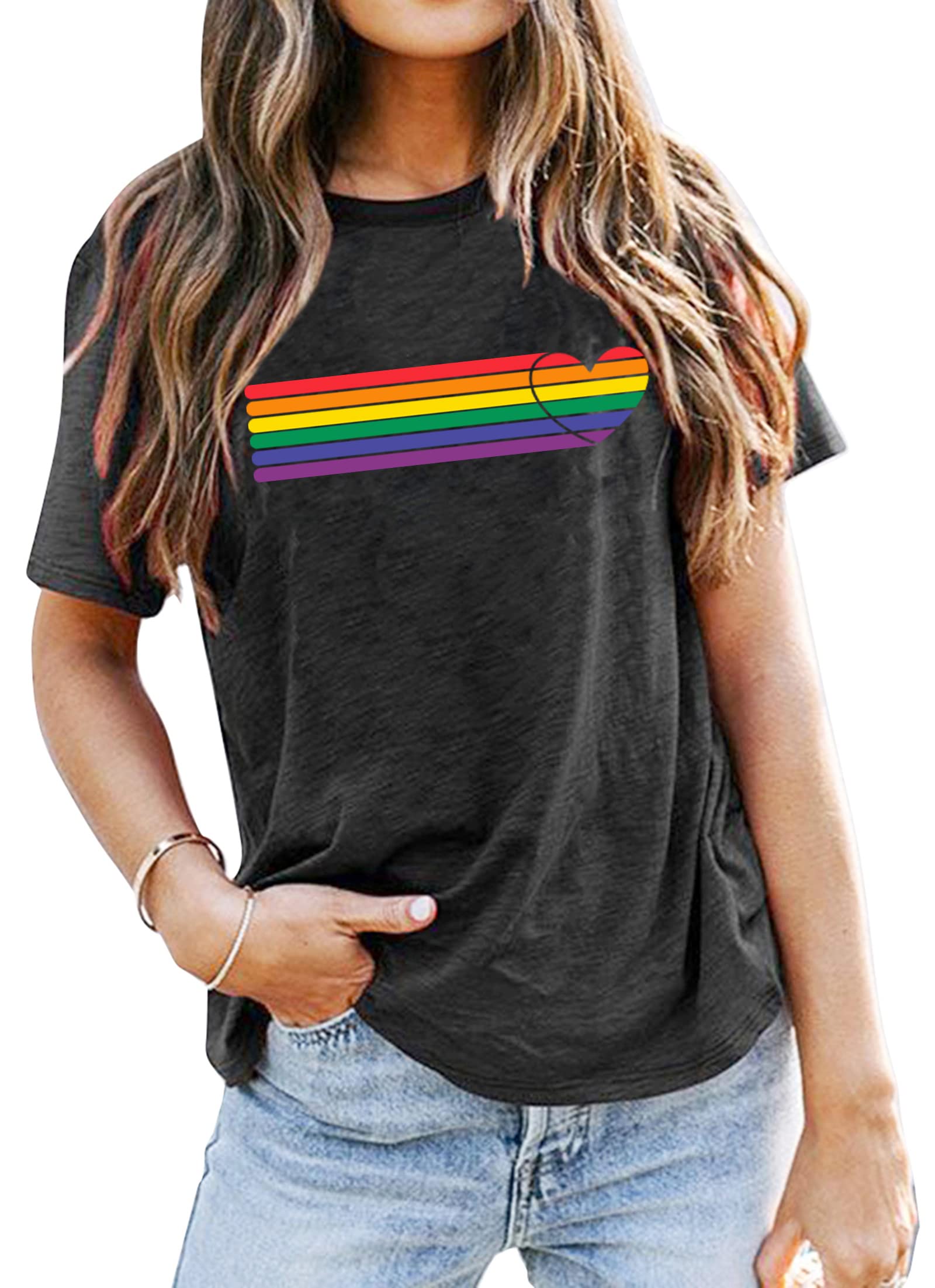 Pride T-Shirts for Women - Rainbow Heart Graphic Tees, LGBT Casual Short Sleeve Tops for Everyday Wear & Pride Events