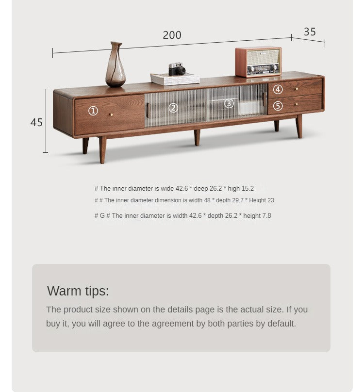 Solid Oak Wood TV Stand with Glass Sliding Doors - Modern Entertainment Center for Living Room, Bedroom & Home Theater