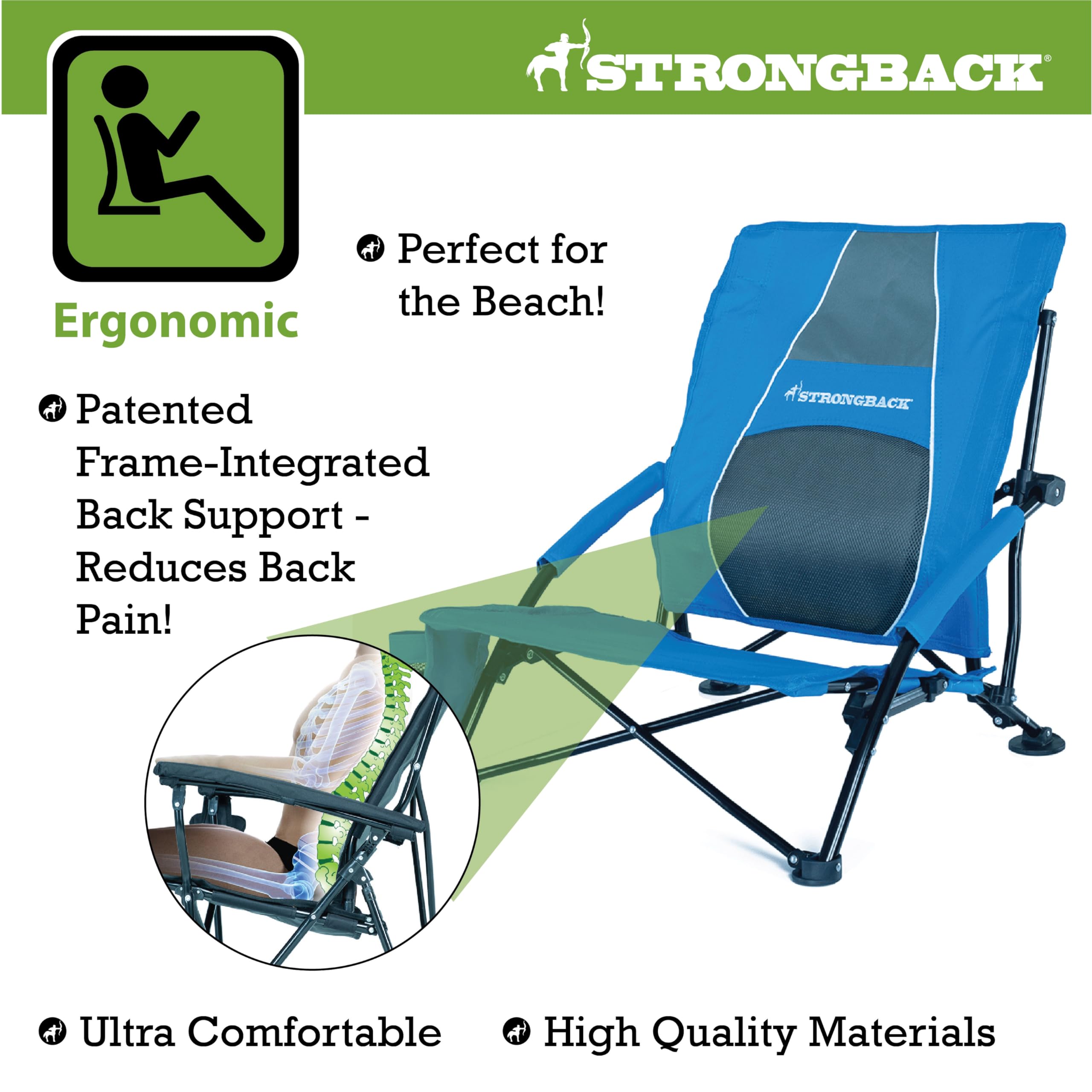 STRONGBACK Low Gravity Beach Chair with Built-in Lumbar Support - Heavy Duty Portable Folding Chair for Adults - Blue - Perfect for Beach, Camping, Backyard & Outdoor Relaxation