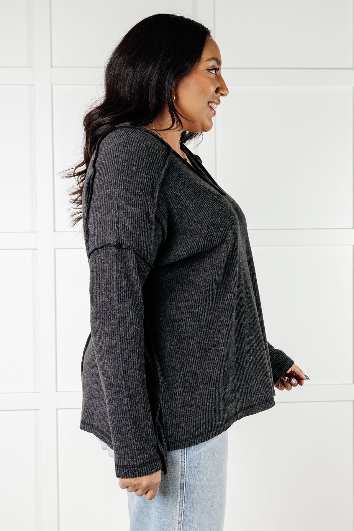 Soft Brushed Hacci Knit Top in Black - Cozy Winter Layering for Women | Perfect for Casual Outfits & Cold Weather