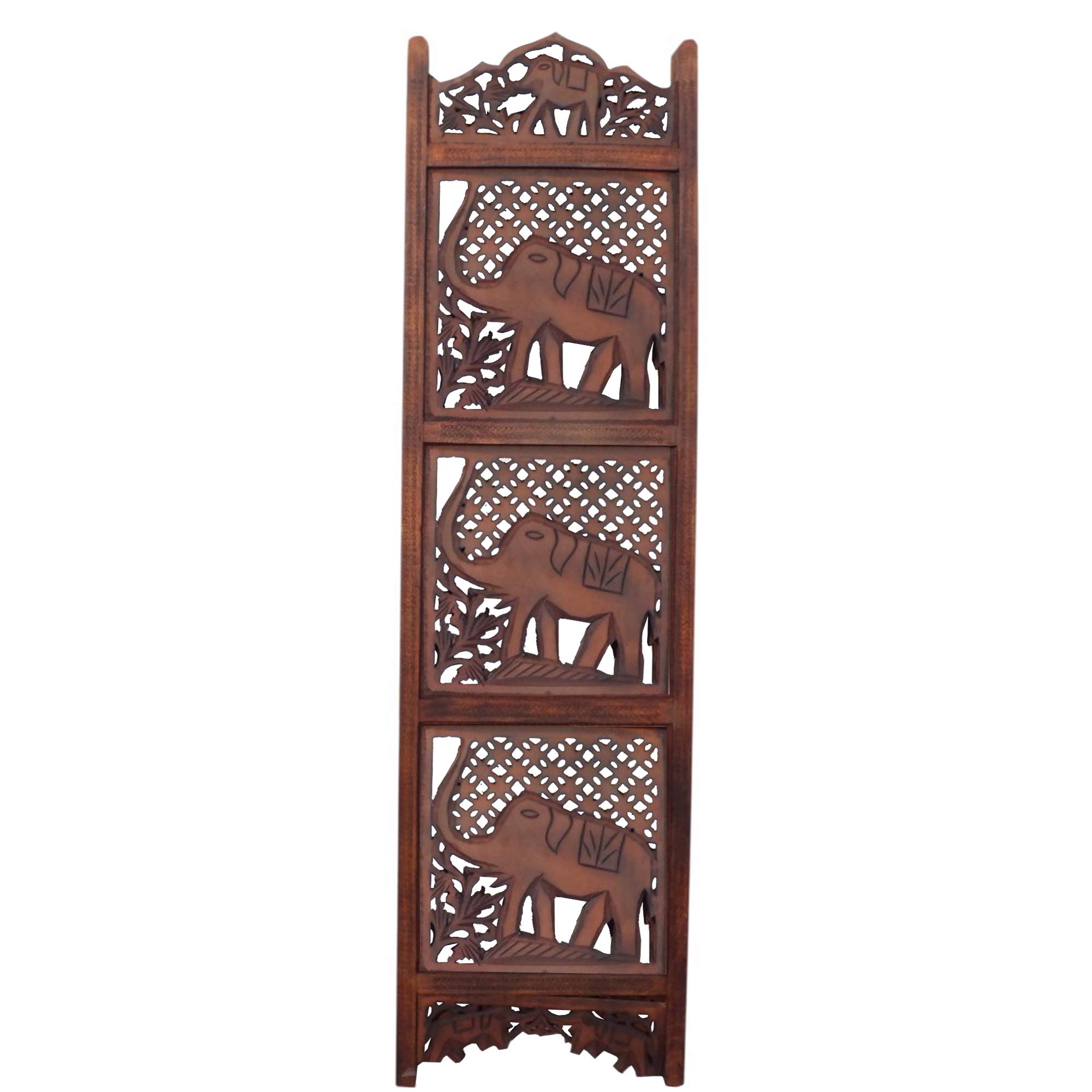 Hand Carved Elephant Design Foldable 4-Panel Wooden Room Divider - Brown Wood Partition Screen for Living Room, Bedroom & Office Decor | BM34823 by Benzara
