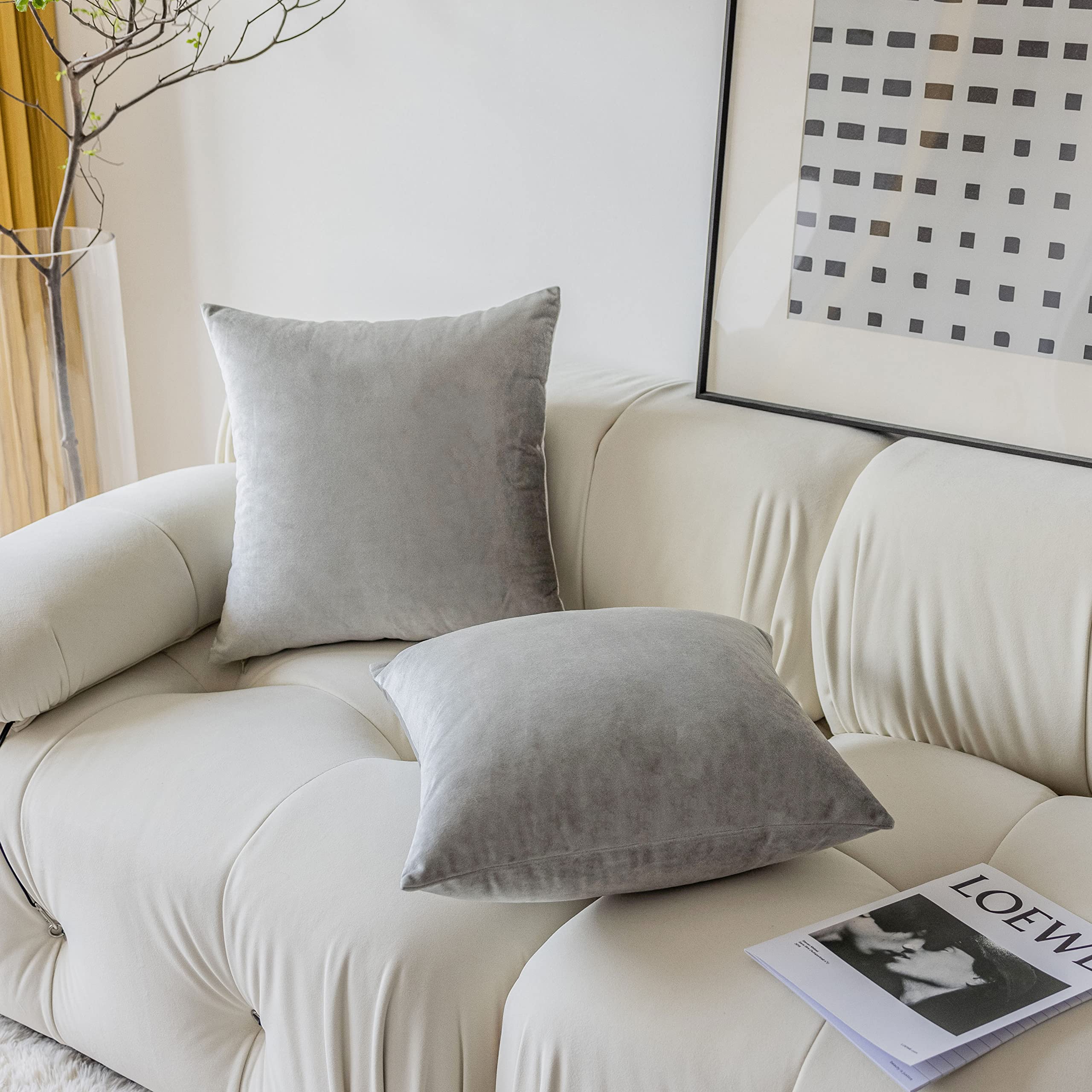 Demetex Grey Velvet Throw Pillow Covers 18x18 Inch - Super Soft Square Decorative Pillow Cases for Sofa, Bed, Bench - Set of 2 Plush Cushion Covers - Home Decor, Living Room, Patio & Balcony Use