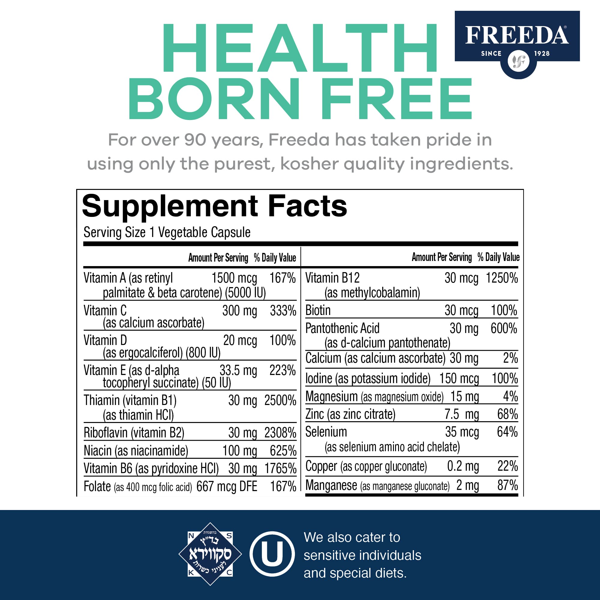 FREEDA One Daily Multivitamin Without Iron - Kosher Certified Iron-Free Multivitamin Supplement for Adults, Men & Women - 100 Capsules - Supports Energy, Immunity & Overall Health for Busy Lifestyles