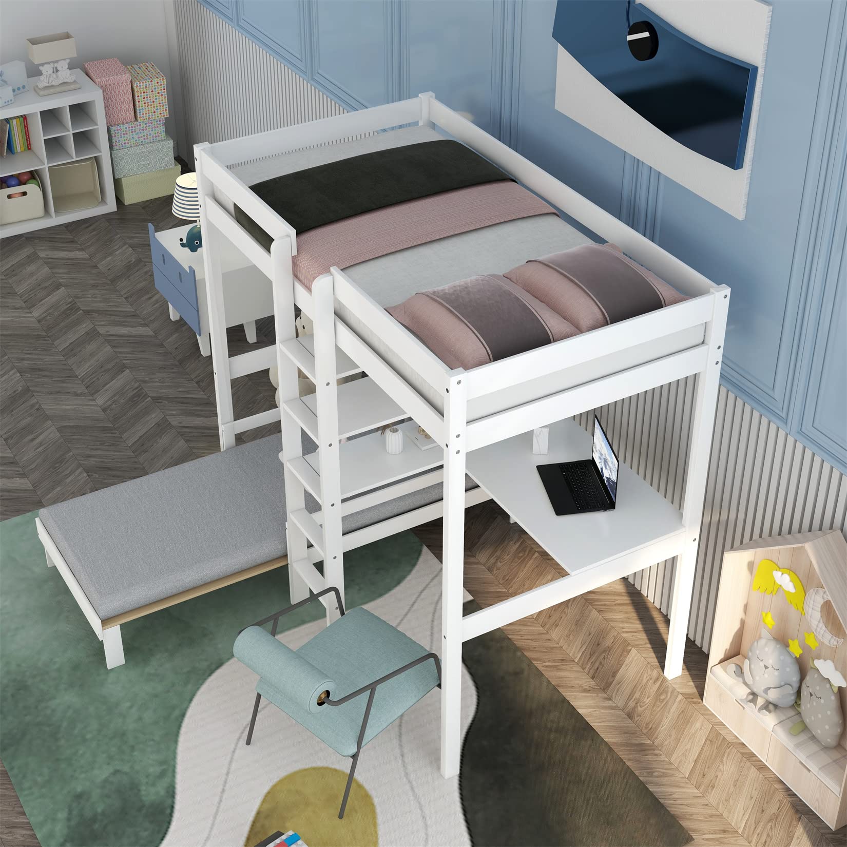 Convertible Twin Loft Bed with Desk, Shelves & Storage - White Wood Bunk Bed Frame for Kids, Teens, Boys & Girls - Perfect for Small Rooms & Dorm Spaces with Free Seat Cushion Included