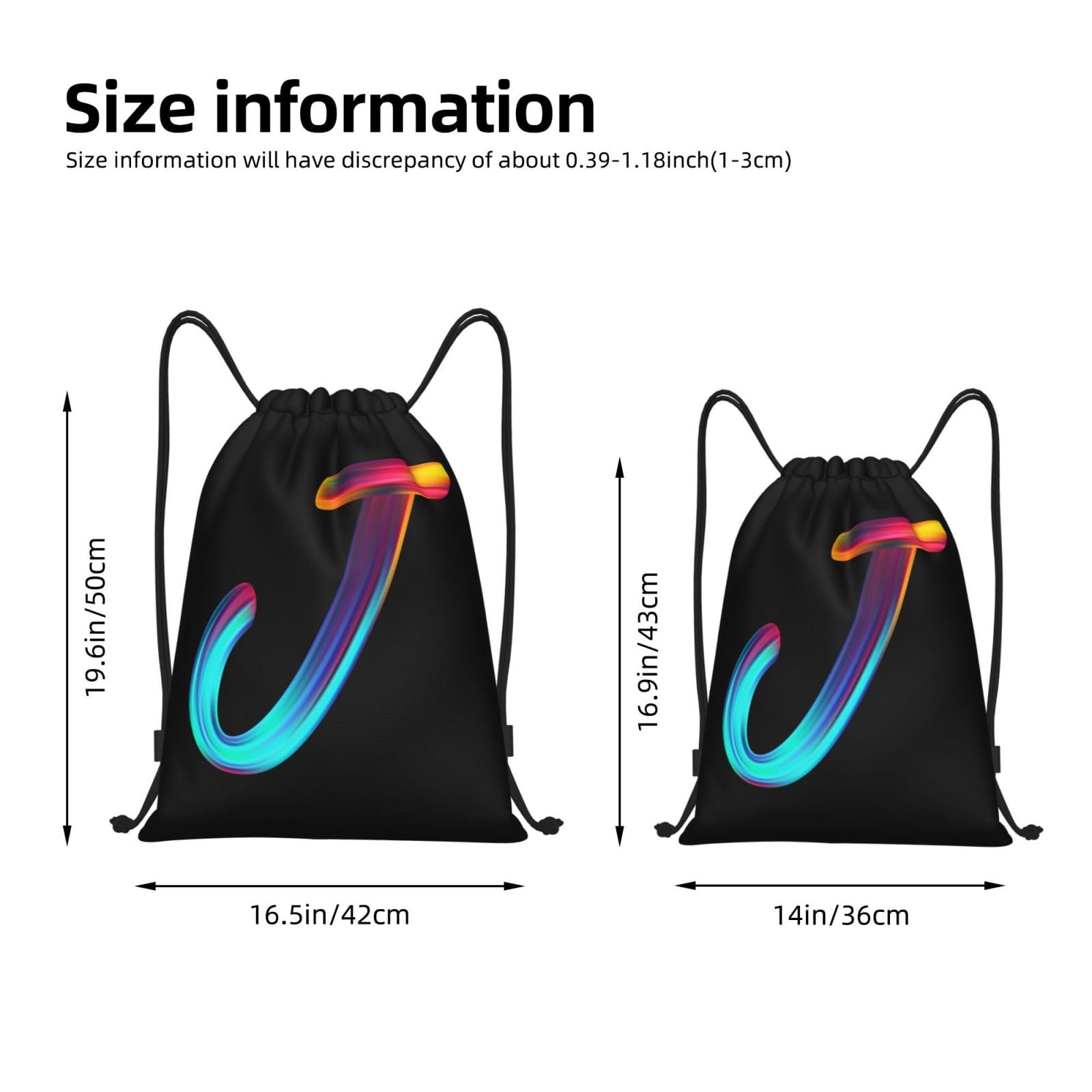 Personalized Initial Drawstring Backpack - Lightweight Black Cinch Sack for Gym, Sports, Travel & Outdoor Activities | Perfect for Swimming, Beach, Camping & School | Custom Rainbow Letter Design