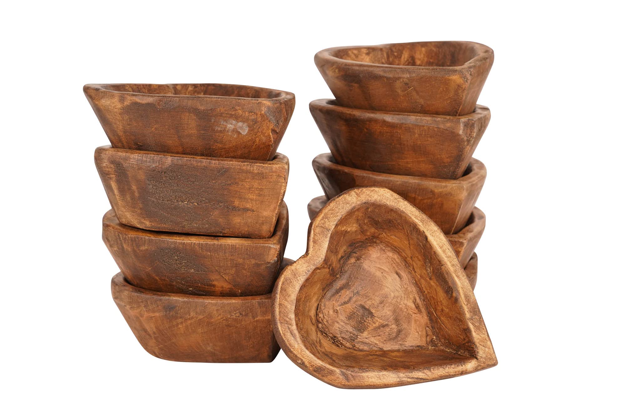 Hand Carved Mini Heart Shaped Wooden Bowls Set of 10 - Natural Stained Wooden Dish for Candles, Jewelry & Home Decor - Perfect for Valentine's Gift, Wedding Favors & Table Centerpieces