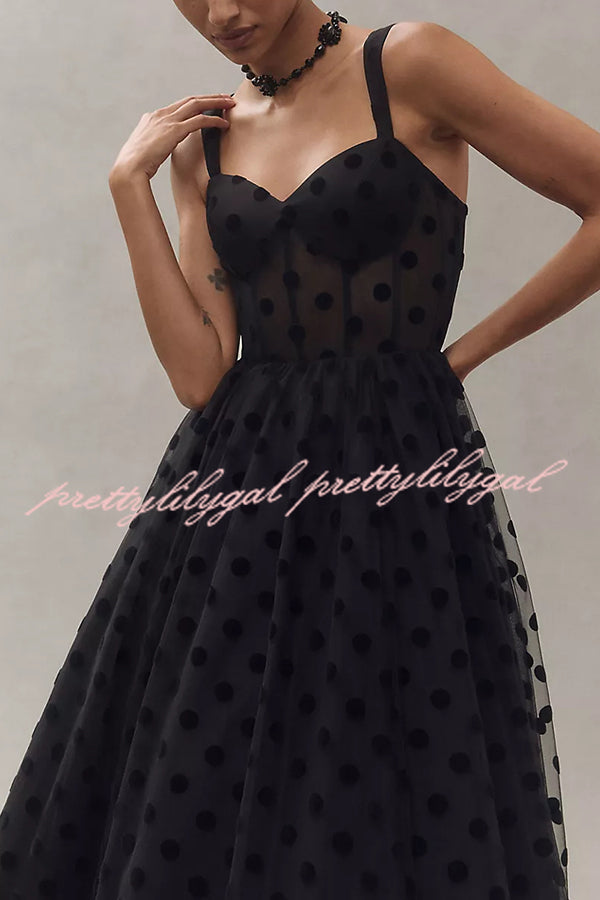 Elegant Polka Dot Sweetheart Bustier A-Line Midi Dress for Women - Perfect for Weddings, Parties & Special Occasions