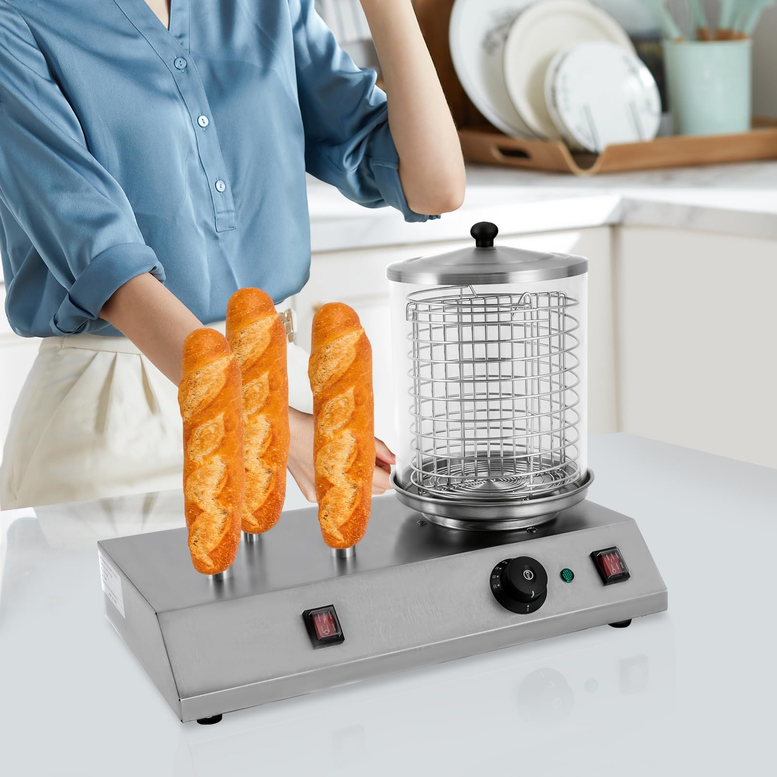 Professional 110V 458W Electric Hot Dog Steamer with 3 Aluminum Tubes & Bun Warmer - Commercial Hot Dog Machine for Restaurants, Food Trucks, and Snack Bars - Perfect for Fast Food Service, Concession Stands, and Catering Events