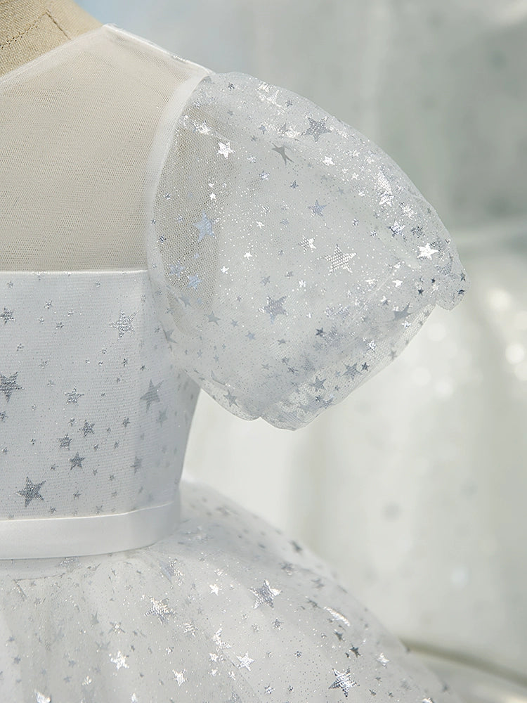 White Princess Round Tea Length Organza Flower Girl Dress - Perfect for Weddings, Bridal Showers & Special Occasions