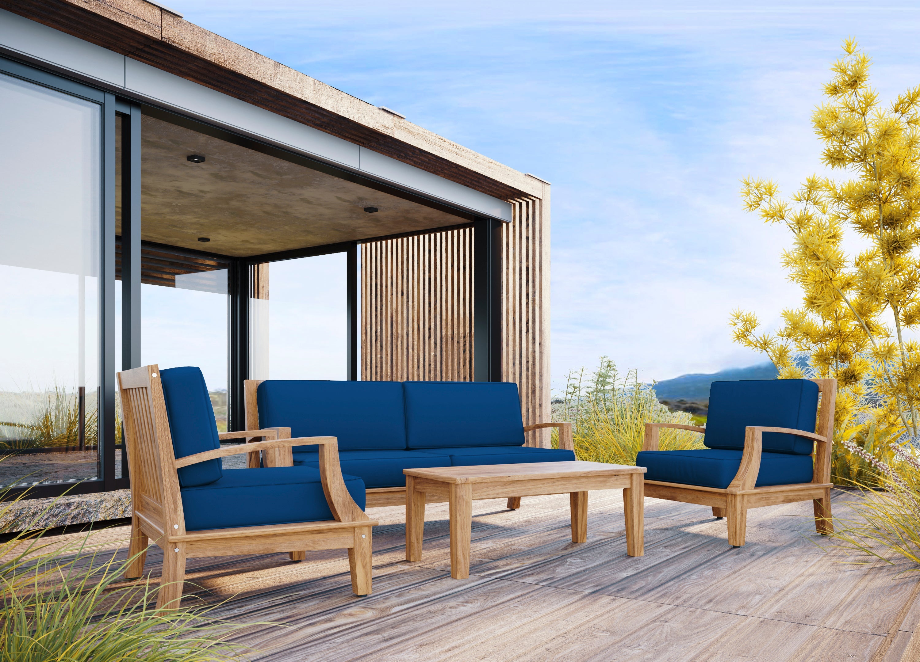 Eliane 3-Person Teak Outdoor Sofa with Sunbrella Navy Cushion - Waterproof Patio Furniture for Garden, Poolside & Backyard Relaxation