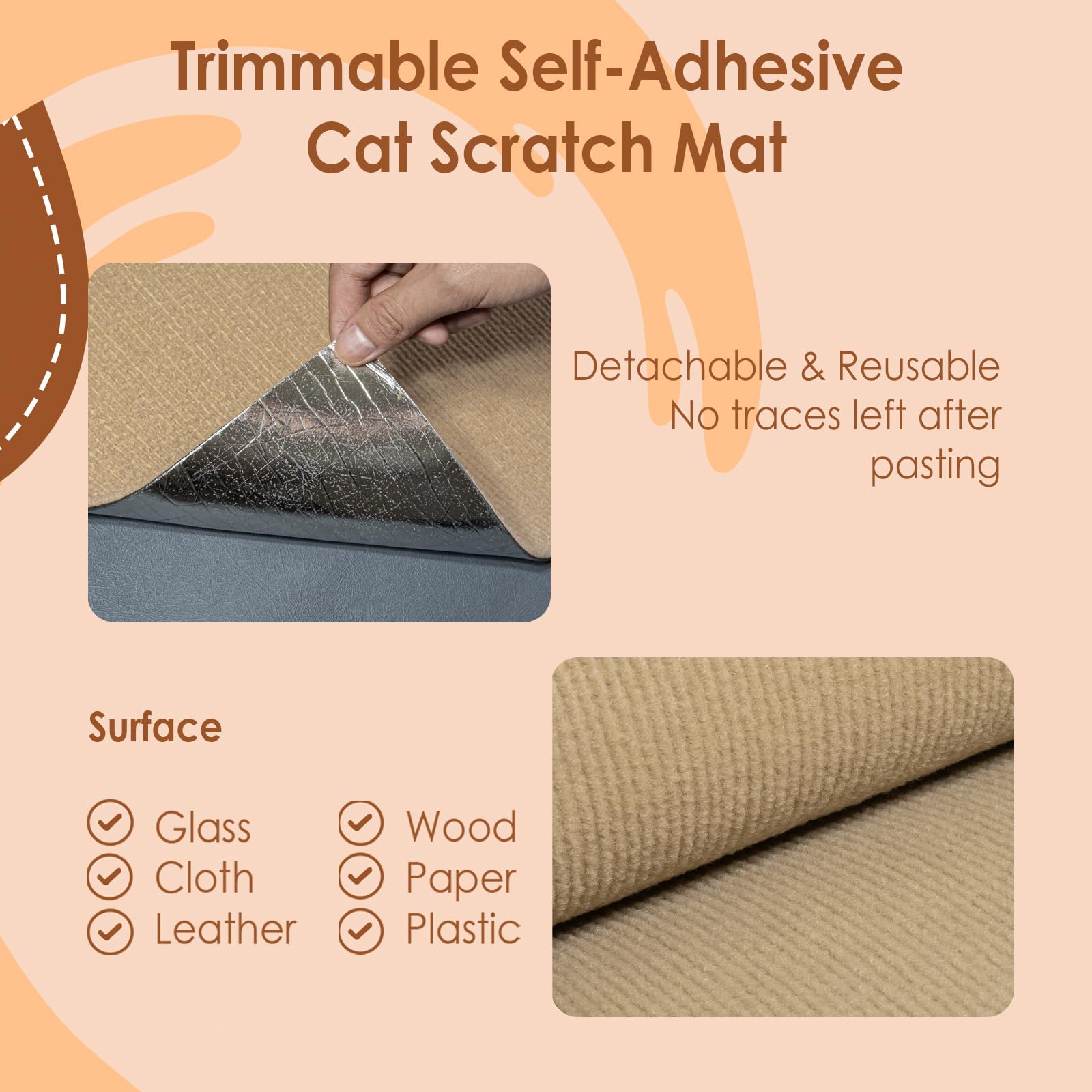 Self-Adhesive Cat Scratch Carpet Mat 78.7x15.7 Inches - Trimmable Furniture Protector for Cats | Replacement for Cat Tree Shelves & Scratching Posts | DIY Wall Mounted Cat Scratcher for Home & Office Use