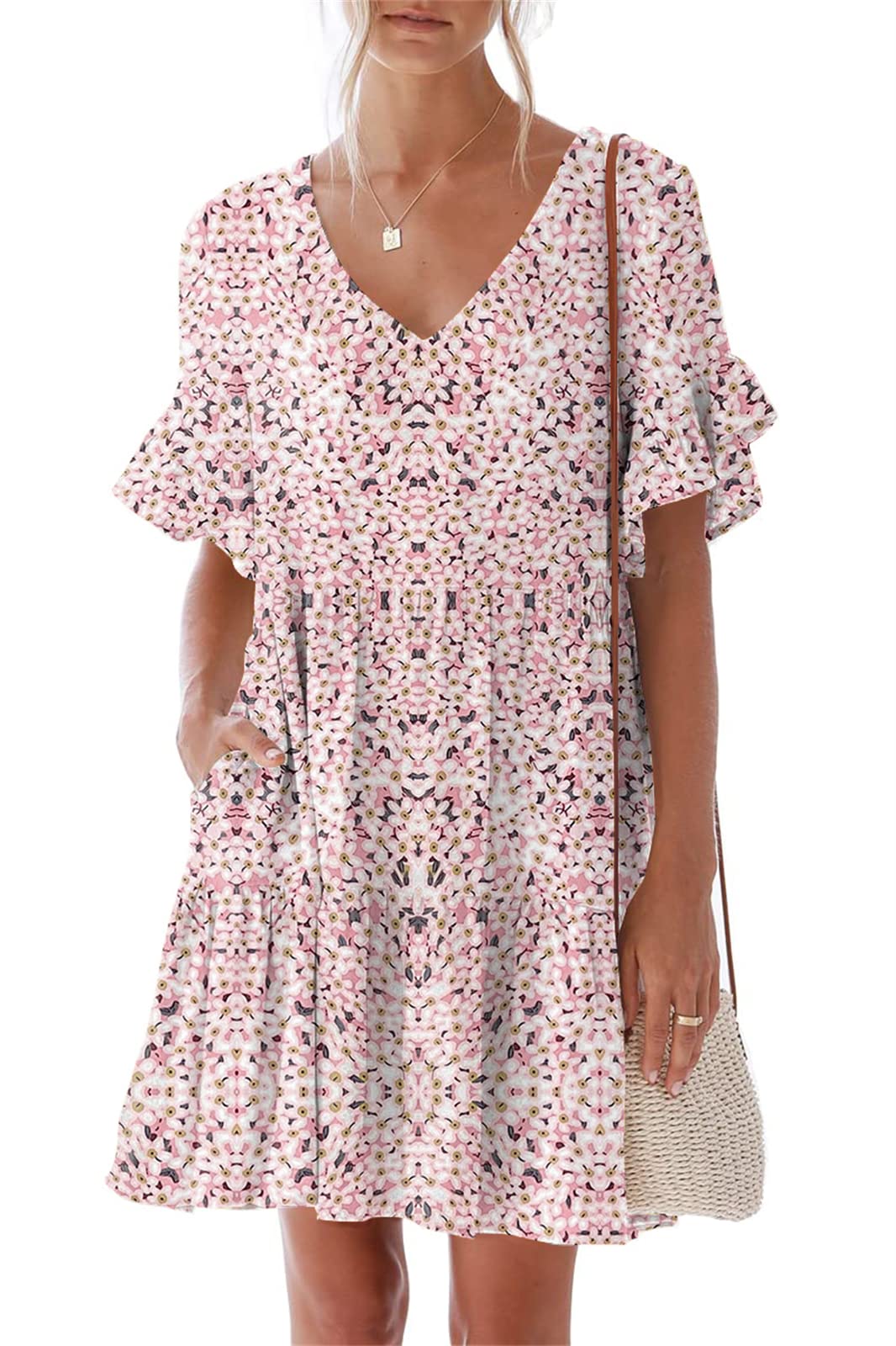 Nclook Women's Summer Casual Dress - Sweet & Cute V-Neck Mini Dress with Pockets, Short Sleeve Ruffles | Perfect for Beach, Vacation, Date Night and Summer Outings