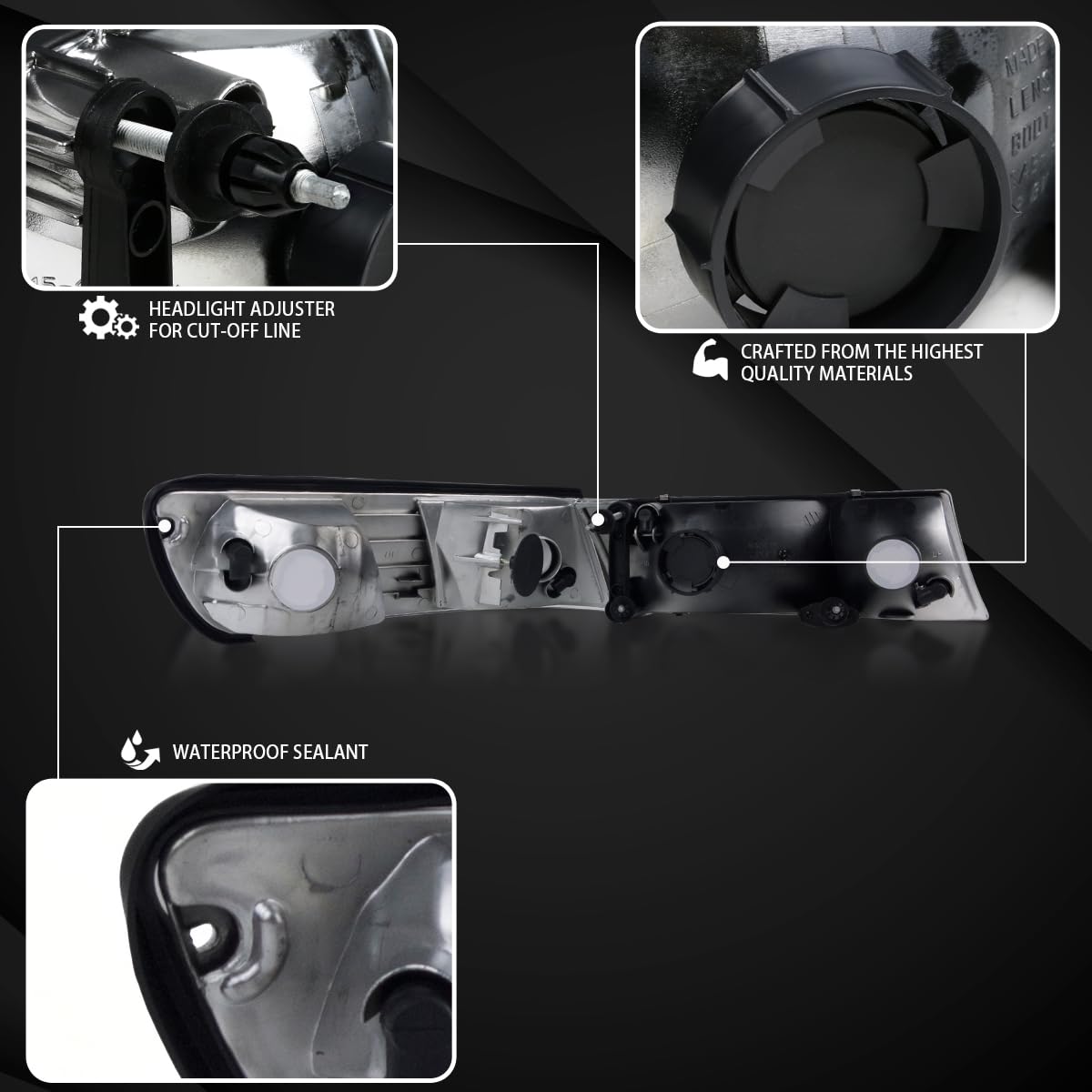 AUTOZENSATION Black Housing Clear Lens Headlights & Corner Lights Pair Compatible with 1998-2002 Mercury Grand Marquis - Left & Right Side Replacement for Improved Night Driving Visibility