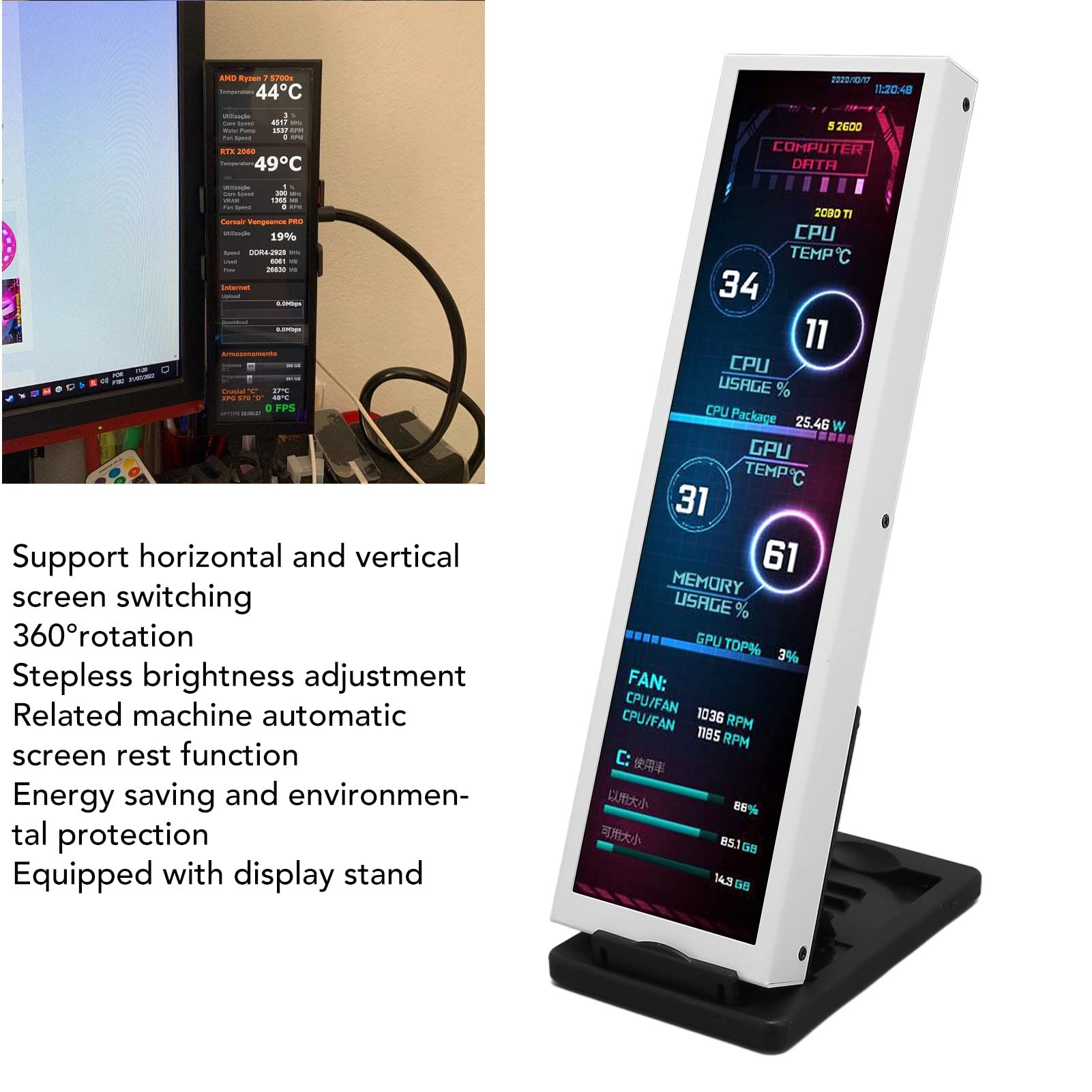 GOWENIC 8.8 Inch LCD Temperature Monitor for PC - 1920x480 Resolution, 60Hz Refresh Rate, AIDA64 Compatible for Real-Time CPU GPU SSD Monitoring - Perfect for Gaming Rigs and Workstations