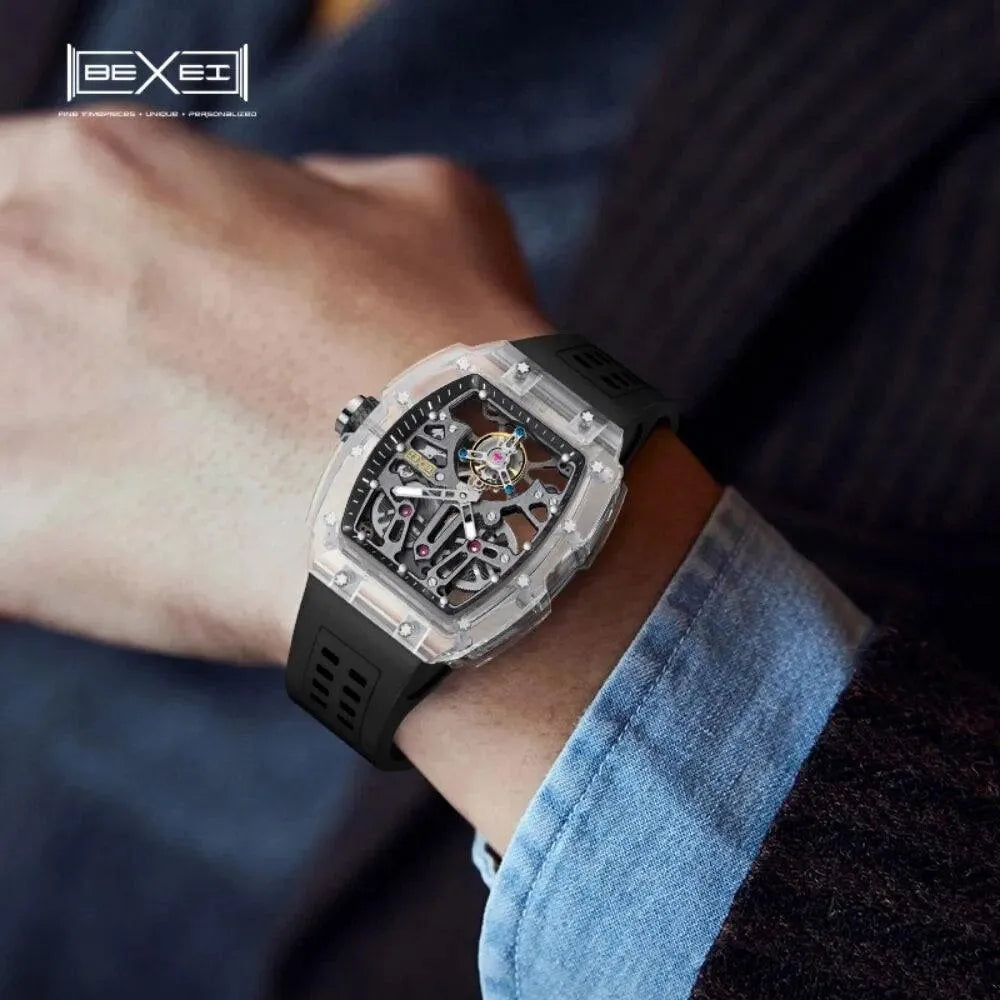 BEXEI 9127 Luxury Men's Transparent Skeleton Tourbillon Watch - K9 Crystal Glass, 72H Power Reserve, Waterproof Mechanical Wristwatch for Business, Formal Events & Gift Giving
