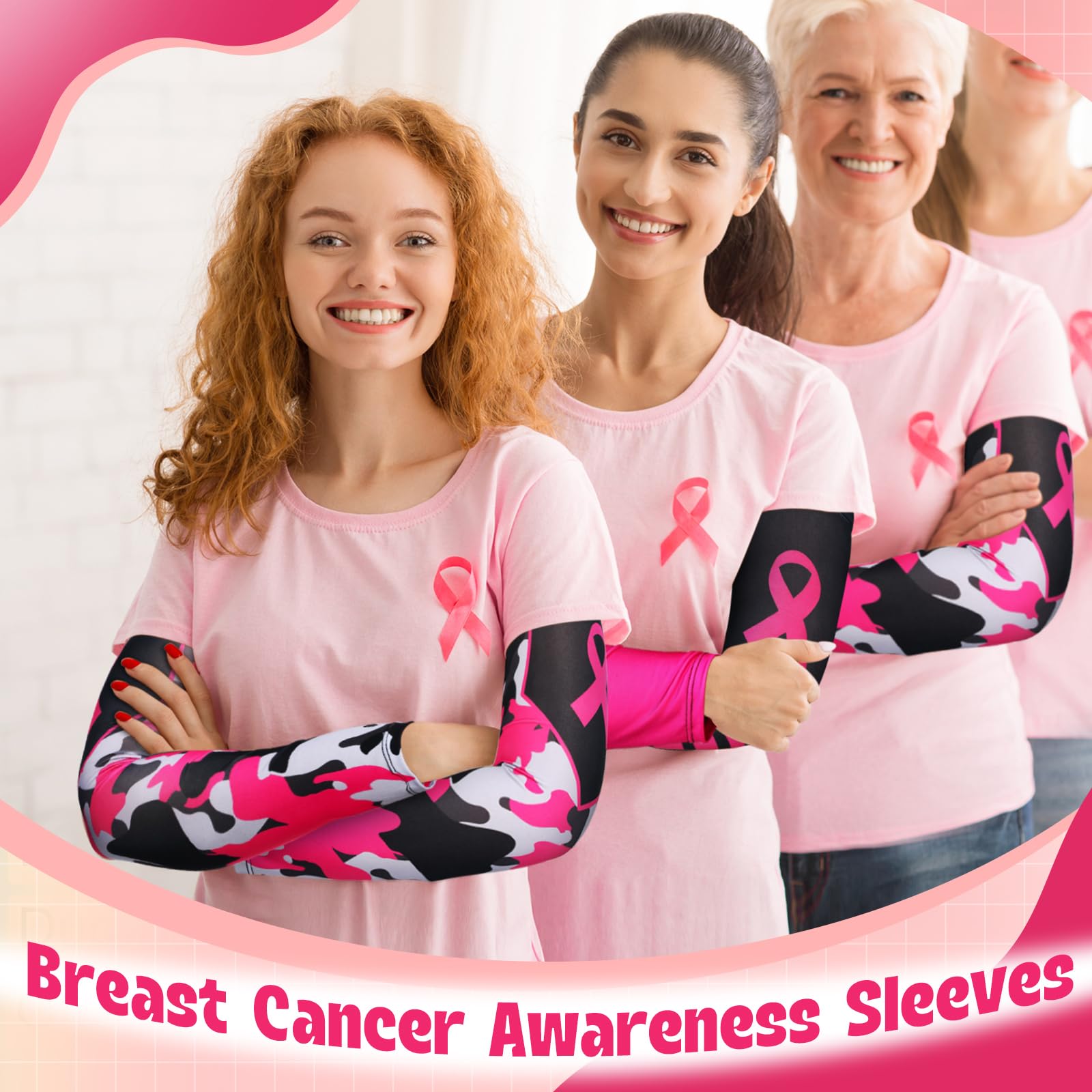 2 Pairs Breast Cancer Awareness Arm Sleeves - Pink Ribbon UV Protection Compression Arm Covers for Women & Men - Perfect for Running, Cycling, and Outdoor Activities