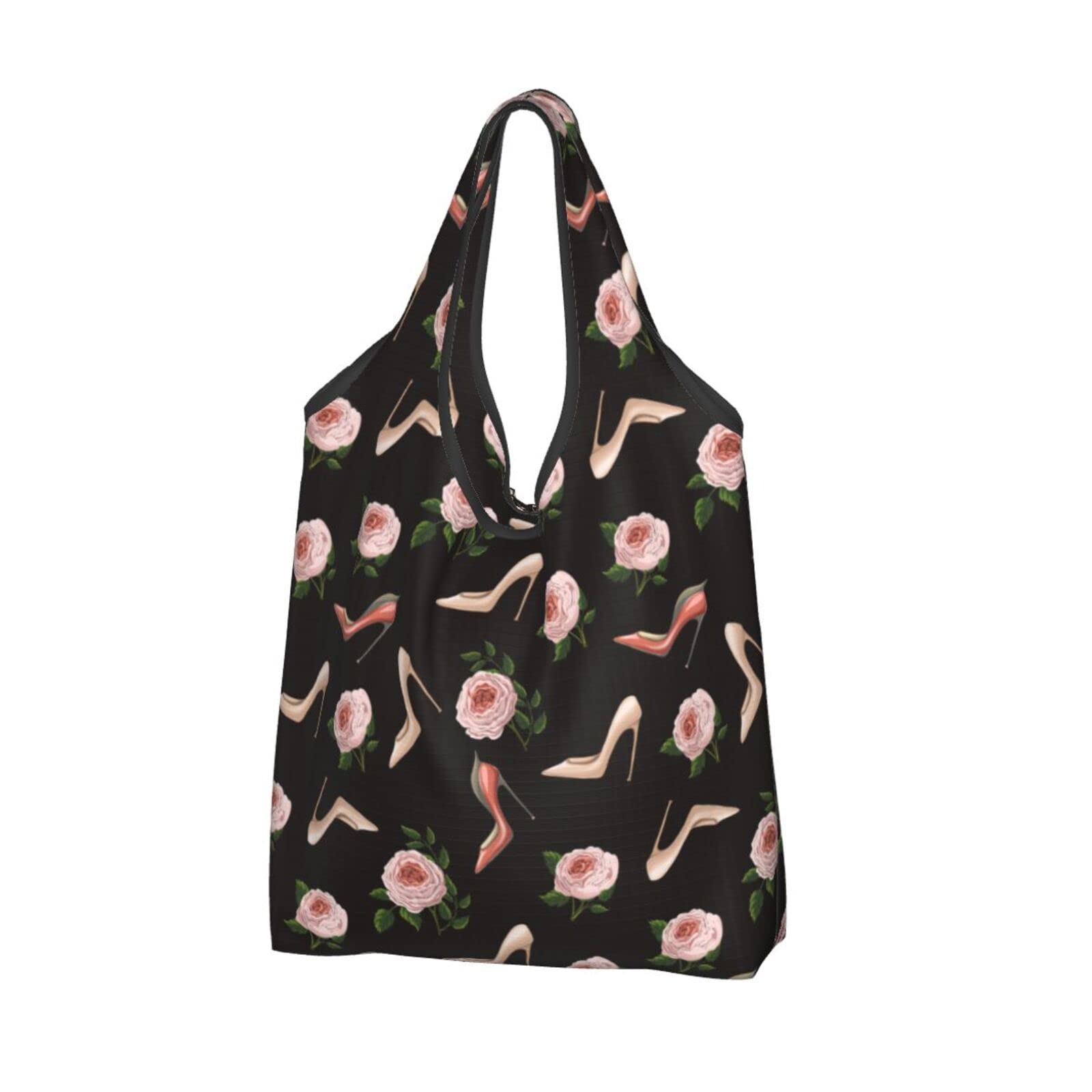 Eco-Friendly Reusable Shopping Bags - Waterproof Foldable Grocery Tote with Roses & Shoes Design - Large Capacity for Groceries, Beach, Travel & Daily Use